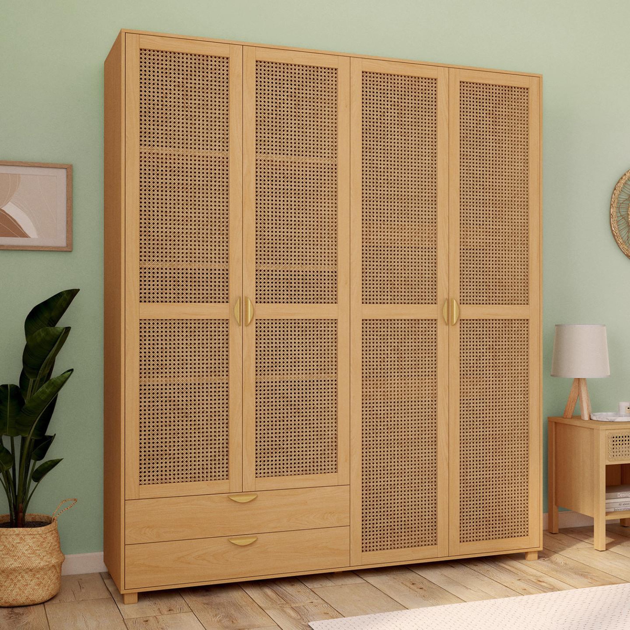 Voir la diapositive 2 : ID MARKET Armoire 4 portes edhen bois et cannage penderie 160 cm avec 2 tiroirs et étagères