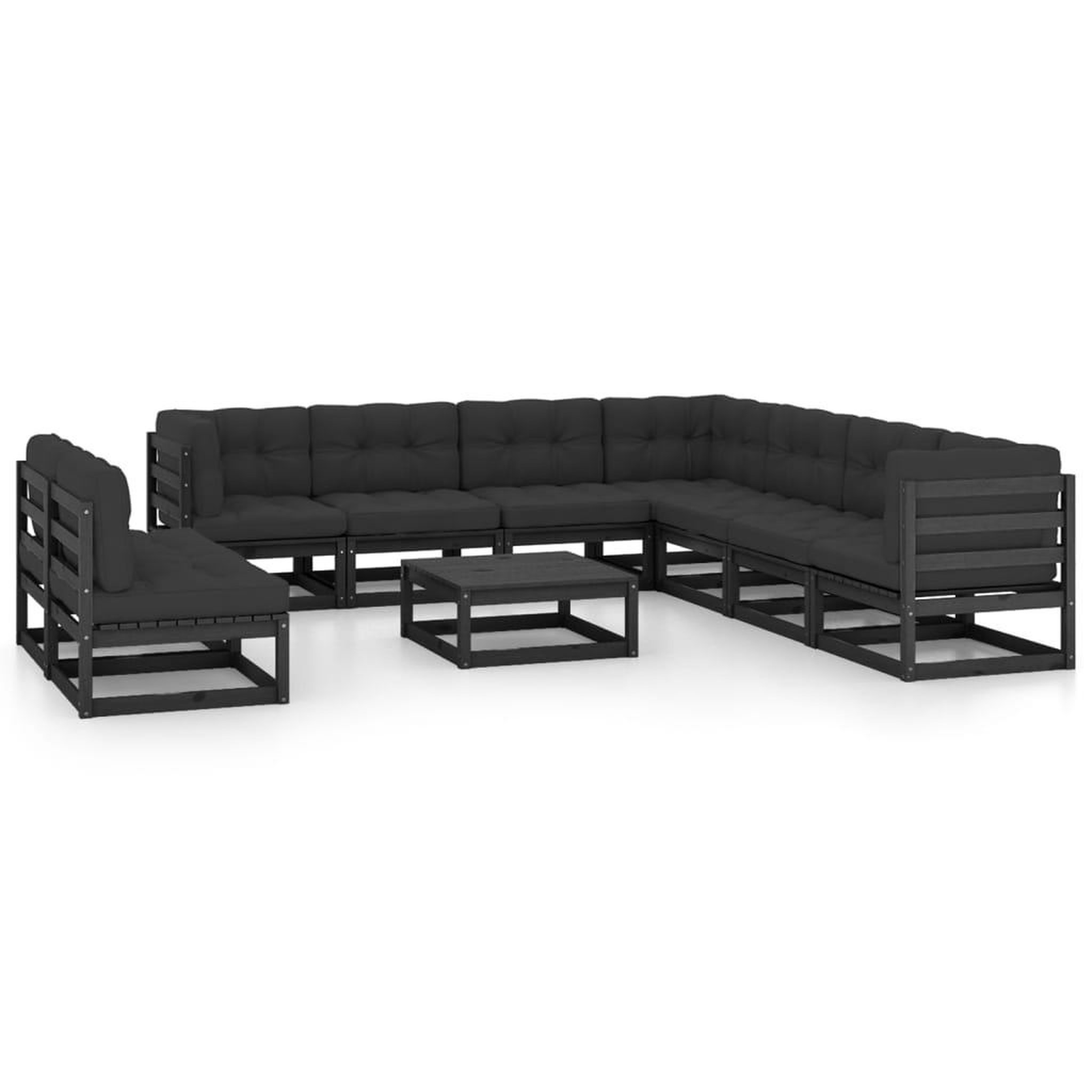 Voir la diapositive 1 : VIDAXL Salon de jardin 10 pcs avec coussins Noir Bois de pin massif