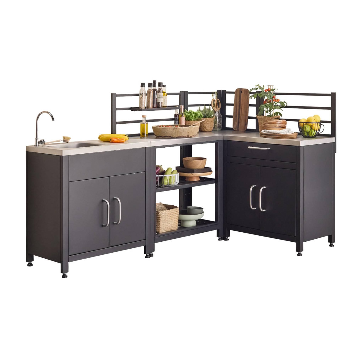 SWEEEK Cuisine extérieure avec 4 modules en acier. meuble avec évier. étagères. tiroirs. rangements