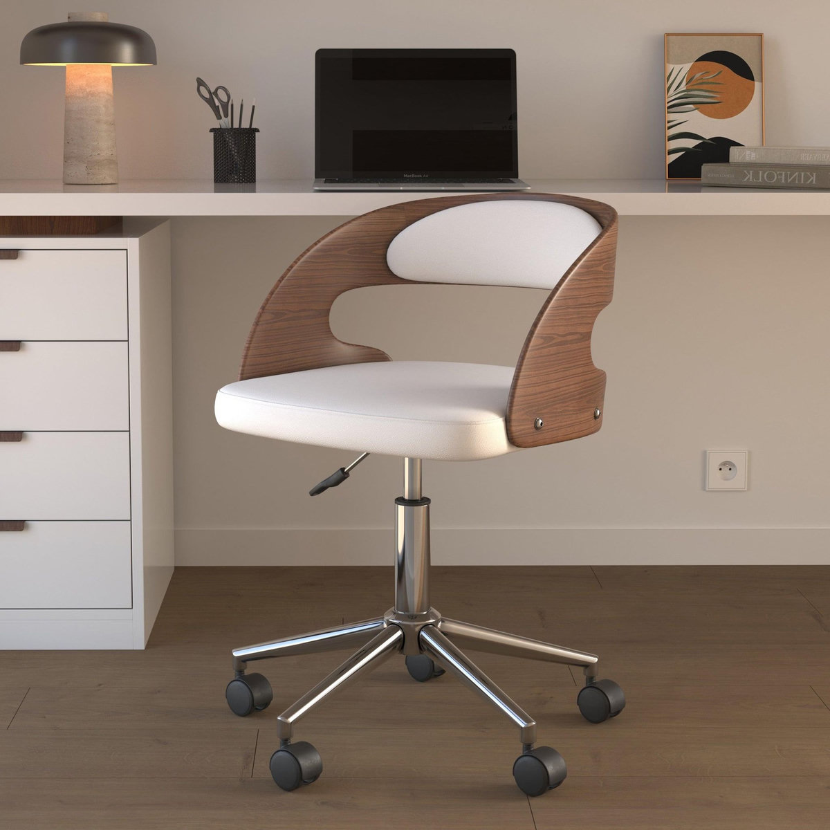 Rendez vous déco Chaise de bureau pivotante en bois et PU blanc - Louis