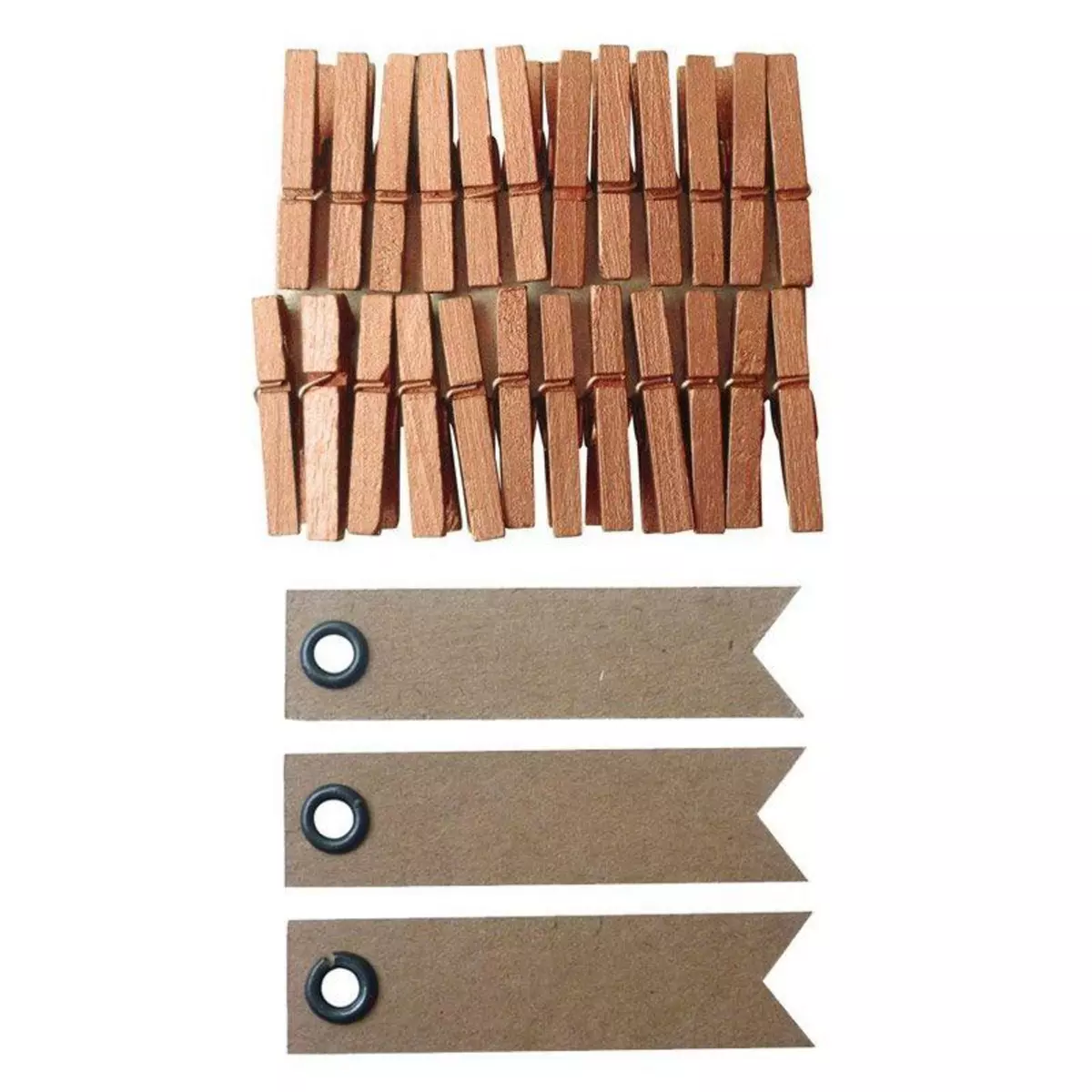 Graine créative Mini pinces à linge bois 3 cm cuivrées + 20 étiquettes kraft Fanion