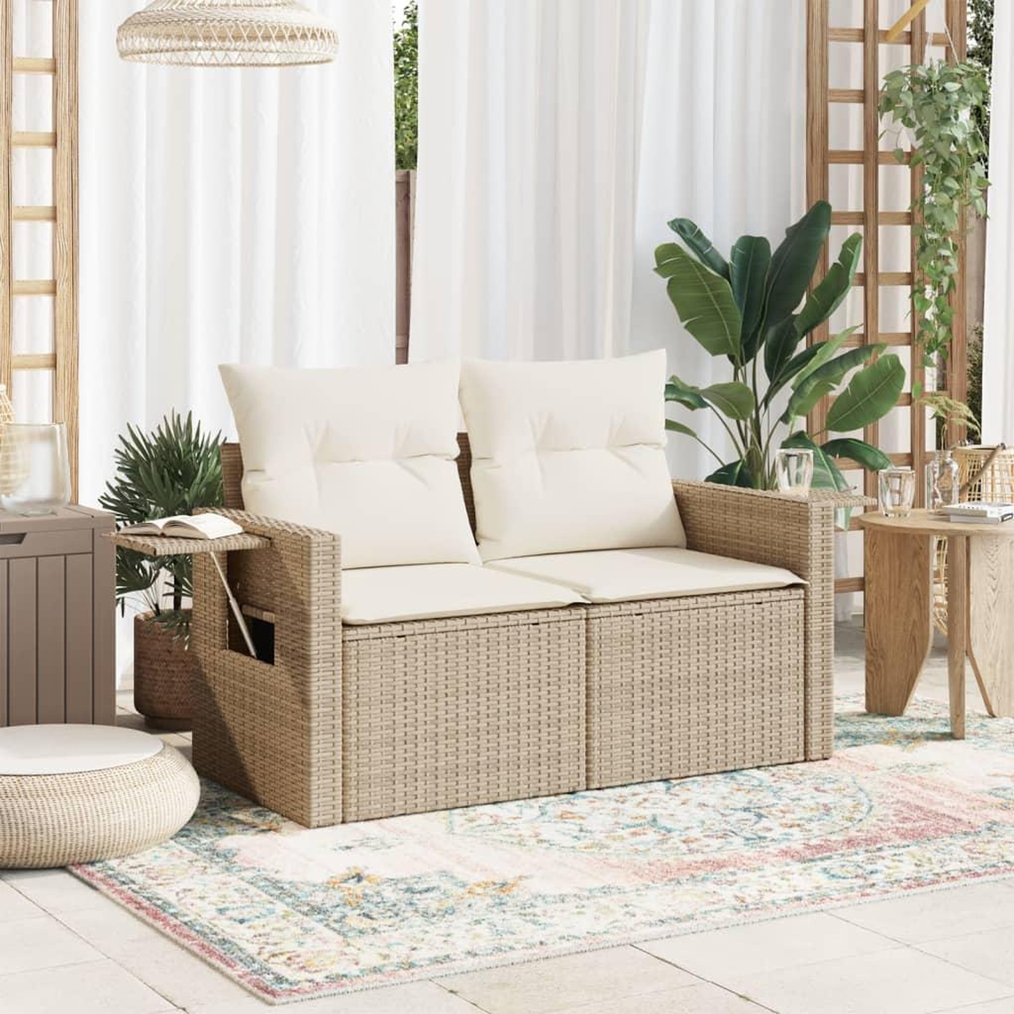 Voir la diapositive 3 : VIDAXL Canape de jardin avec coussins 2 places beige resine tressee
