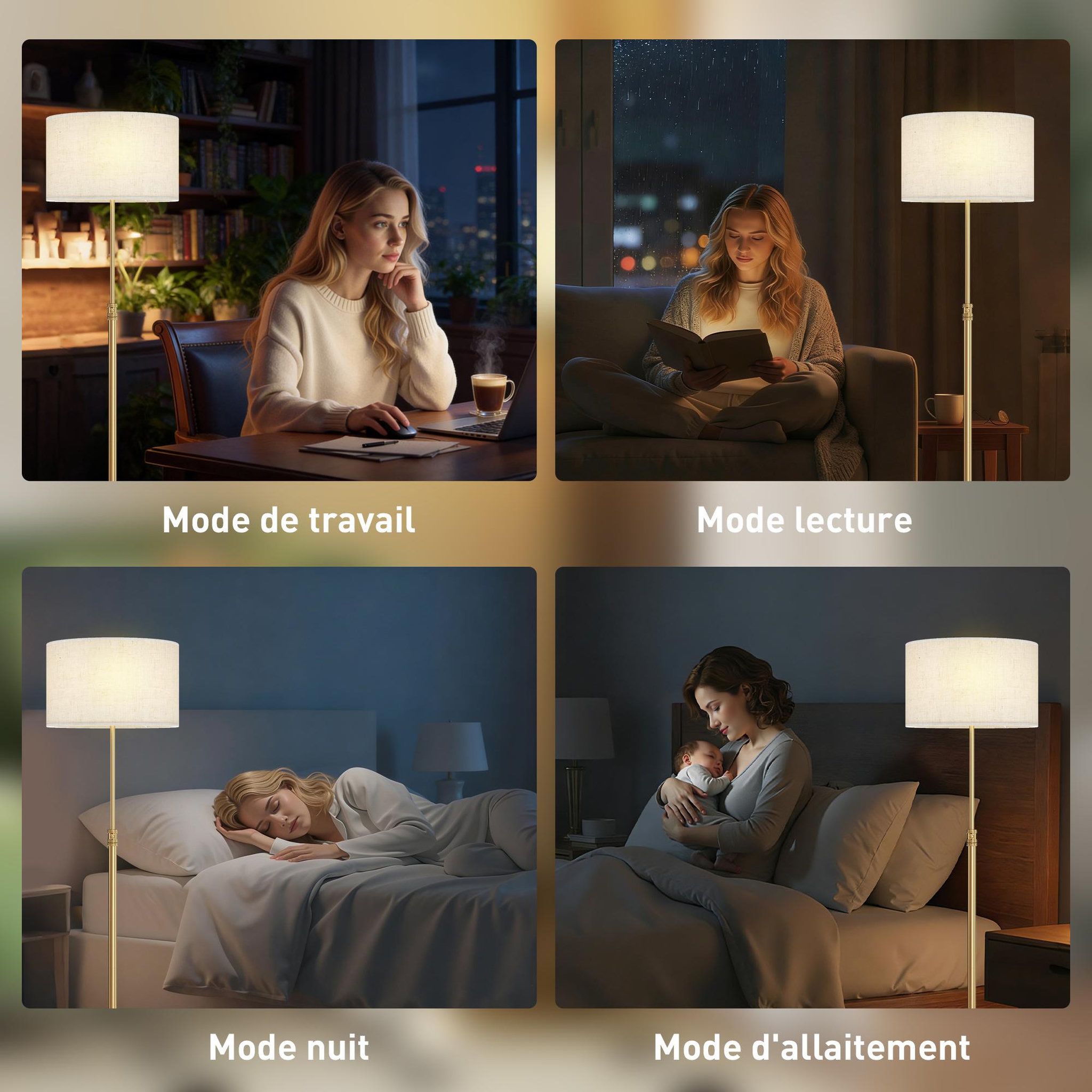 Voir la diapositive 2 : HOMCOM Lampadaire style néo-rétro métal doré abat jour lin beige h.133-168 cm réglable avec télécommande