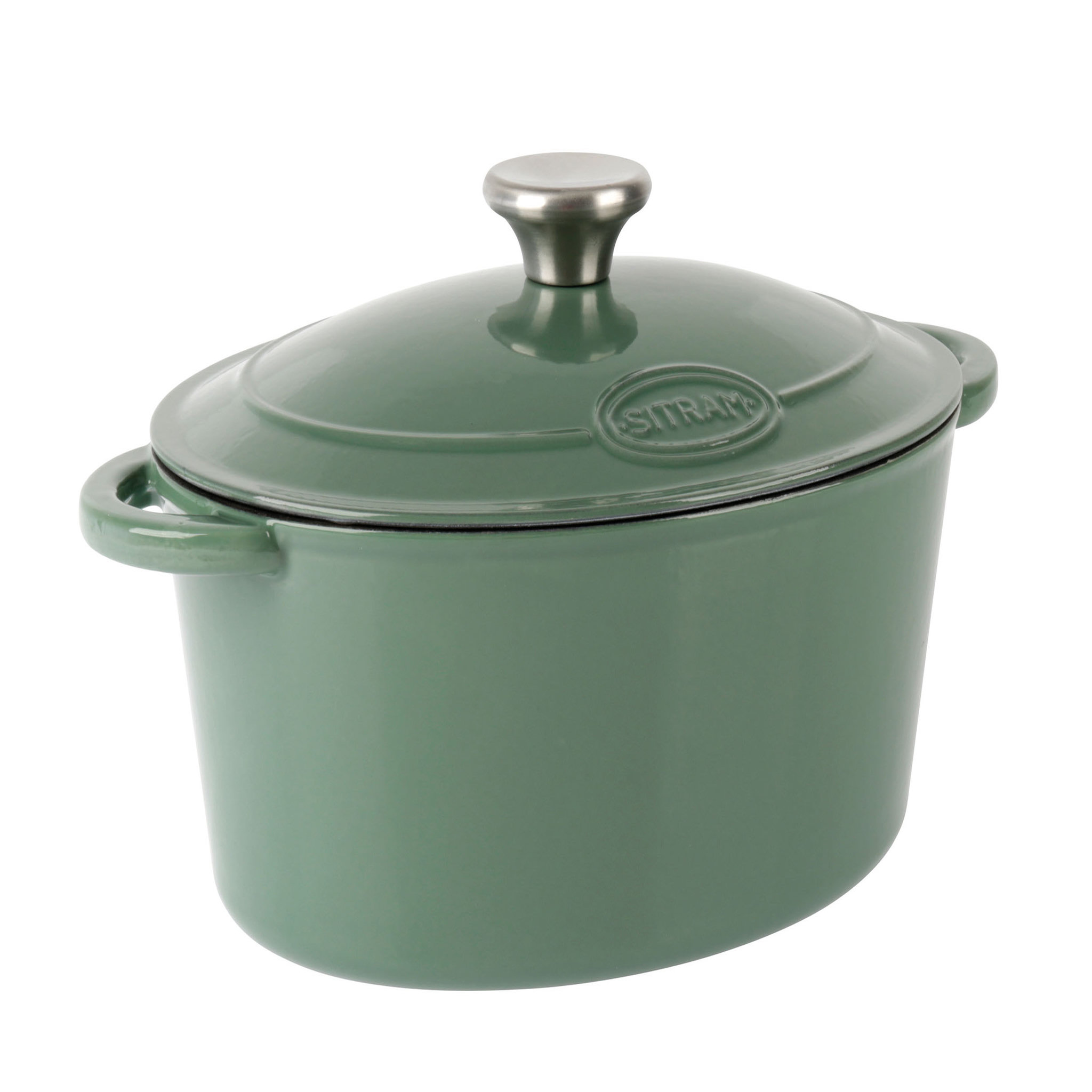 Voir la diapositive 1 : SITRAM Cocotte en fonte ovale induction 9 litres vert sauge intérieur blanc