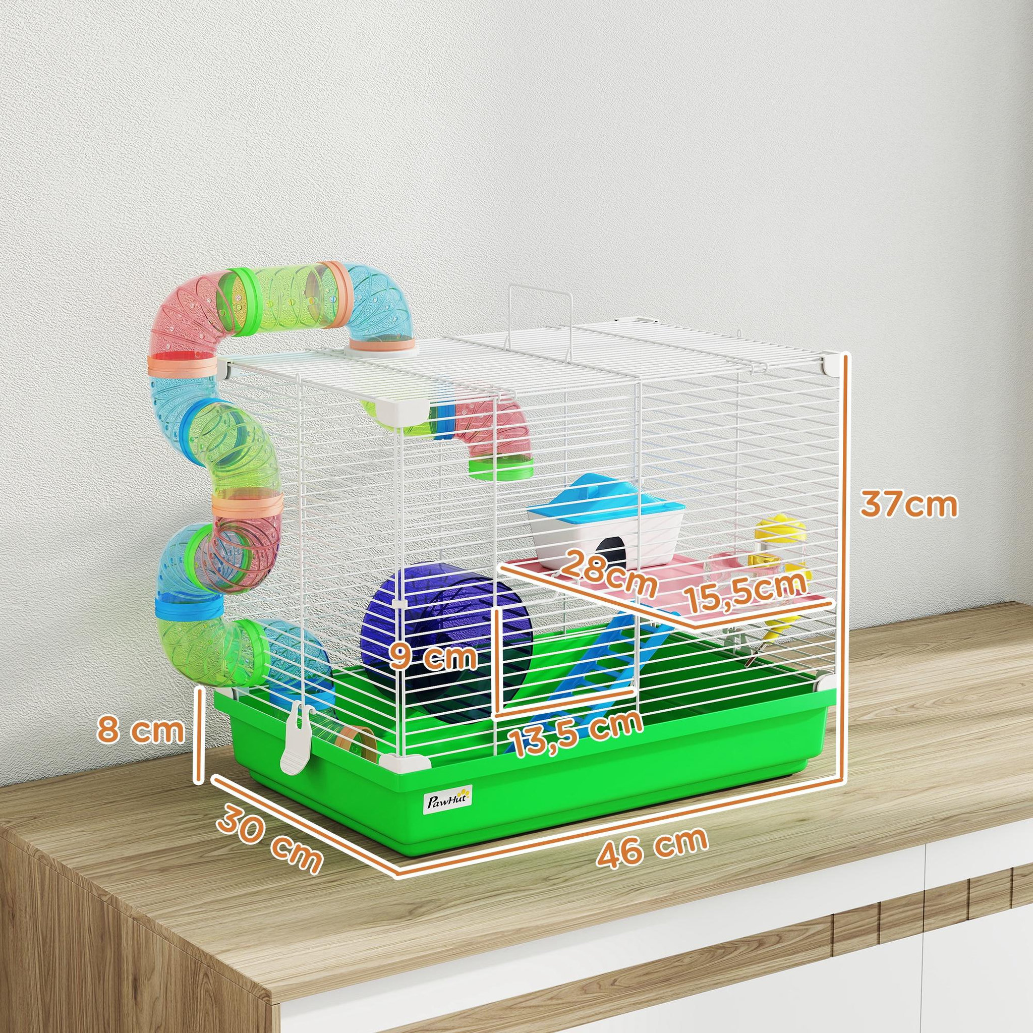 Voir la diapositive 3 : PAWHUT Cage à hamster 2 niveaux avec poignée - avec tunnel, biberon eau, roue, maisonnette, échelles - vert