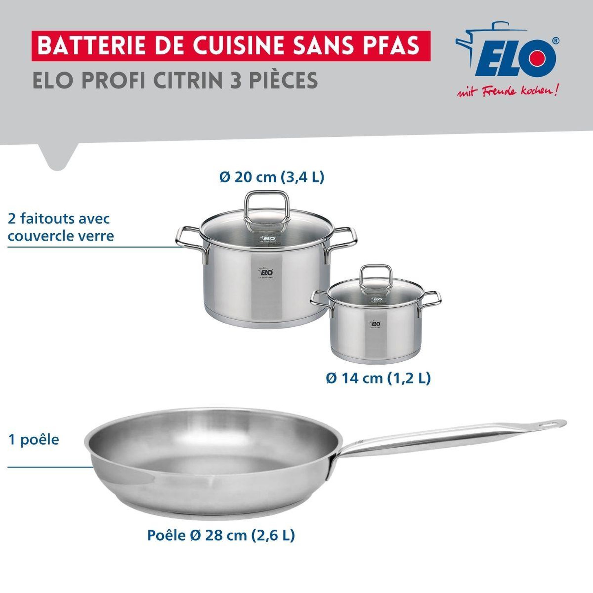 Voir la diapositive 2 : ELO Ensemble de 1 poêle de cuisson 28 cm et 2 faitouts 14 et 20 cm elo profi citrin