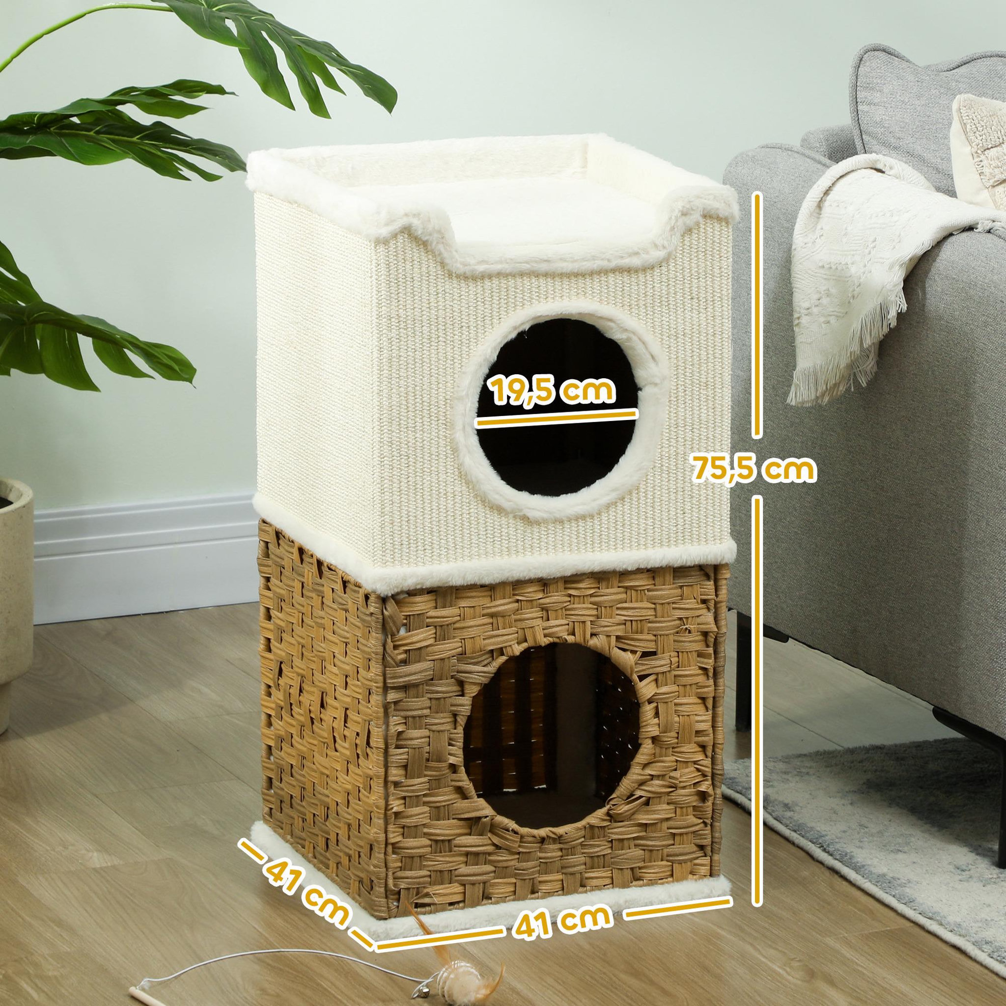 Voir la diapositive 3 : PAWHUT Tour à griffer pour chat 3 niveaux - 2 niches, panier observation- h.75,5 cm - résine tressée sisal