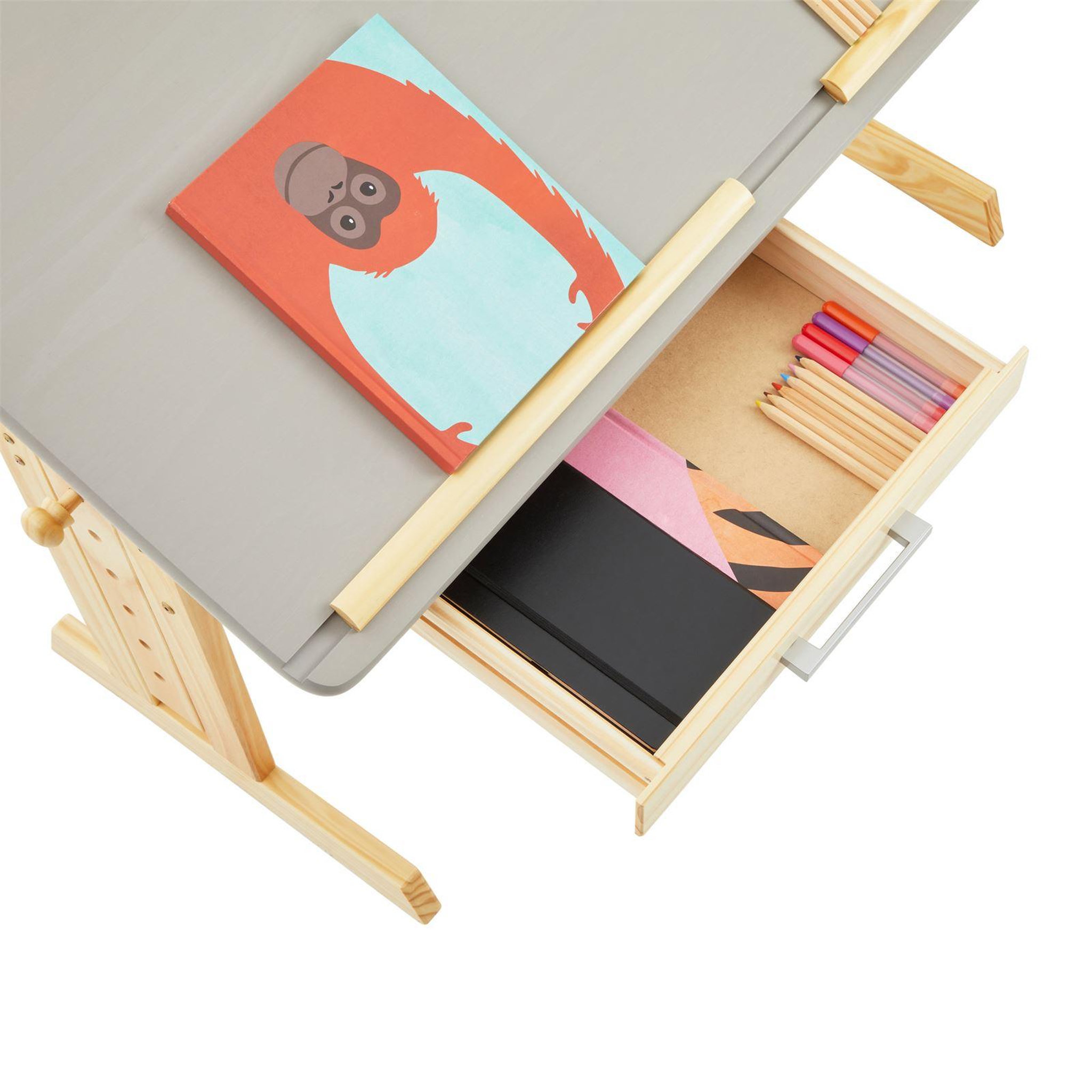 Voir la diapositive 6 : IDIMEX Bureau enfant OLIVIA, en pin massif, réglable en hauteur et plateau inclinable