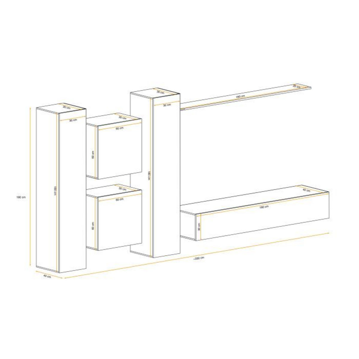 Paris Prix Meuble TV Mural Design  Switch VI  330cm Naturel & Blanc