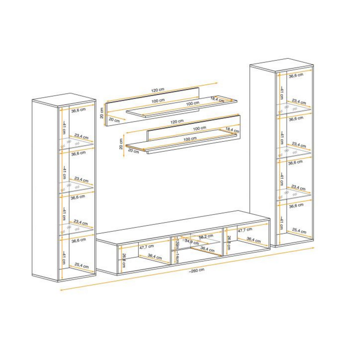 Paris Prix Meuble TV Mural Design  Fly XIX  260cm Noir & Blanc
