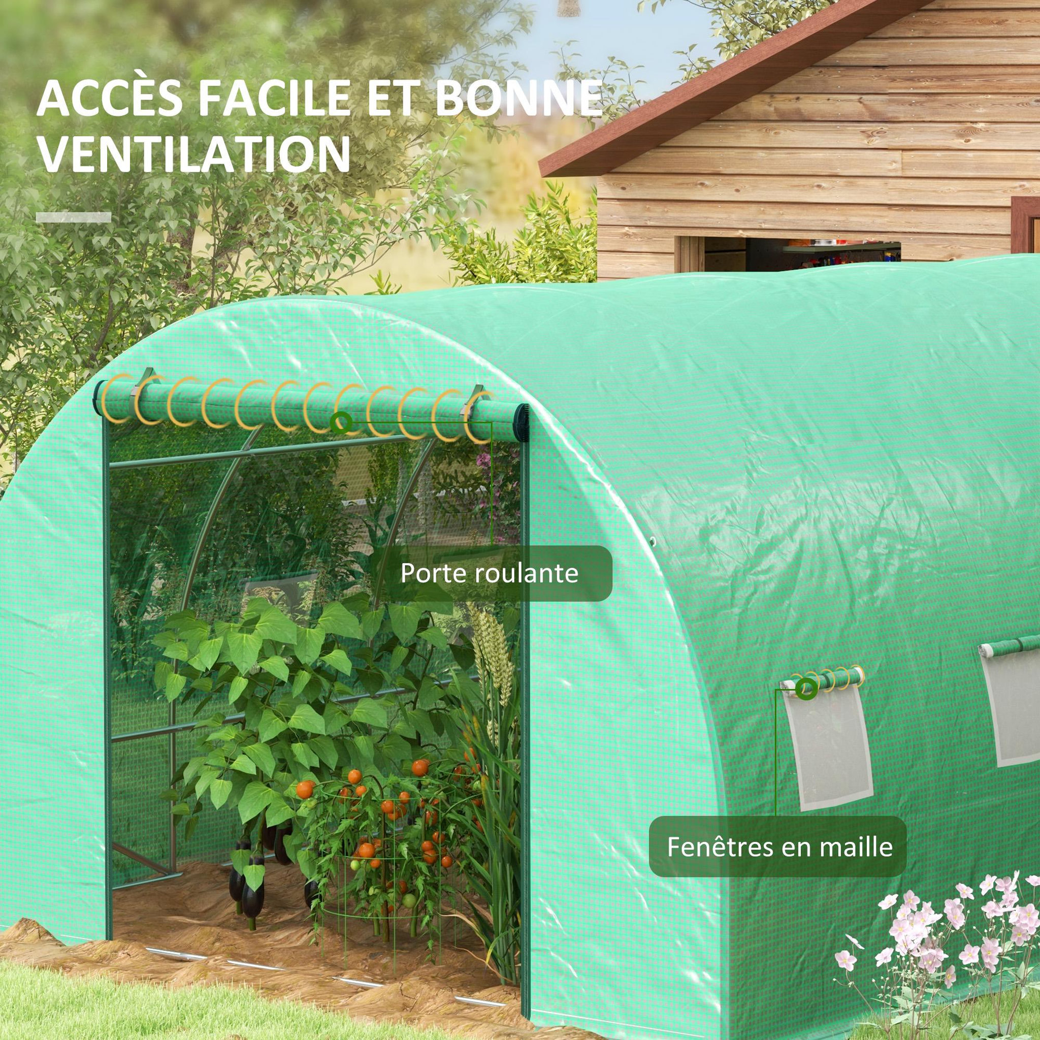 Voir la diapositive 6 : OUTSUNNY Serre de jardin tunnel 18 m² système d'arrosage intégré acier renforcé PE haute densité vert