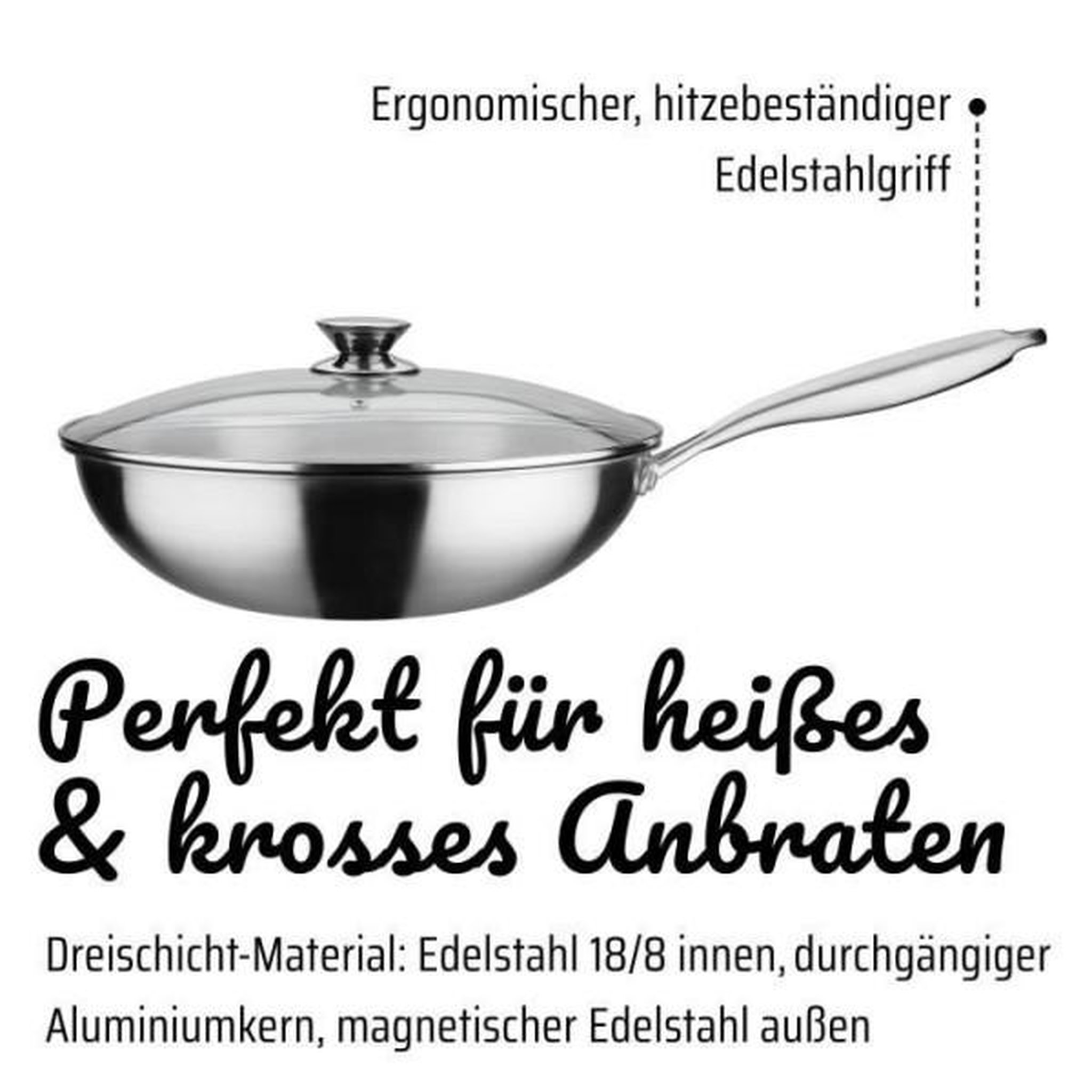 Voir la diapositive 3 : GSW GSW Wok pro avec couvercle - Ø 32 cm - Fond 3-PLY - Poignée rivetée - Inox - Tous feux dont induction