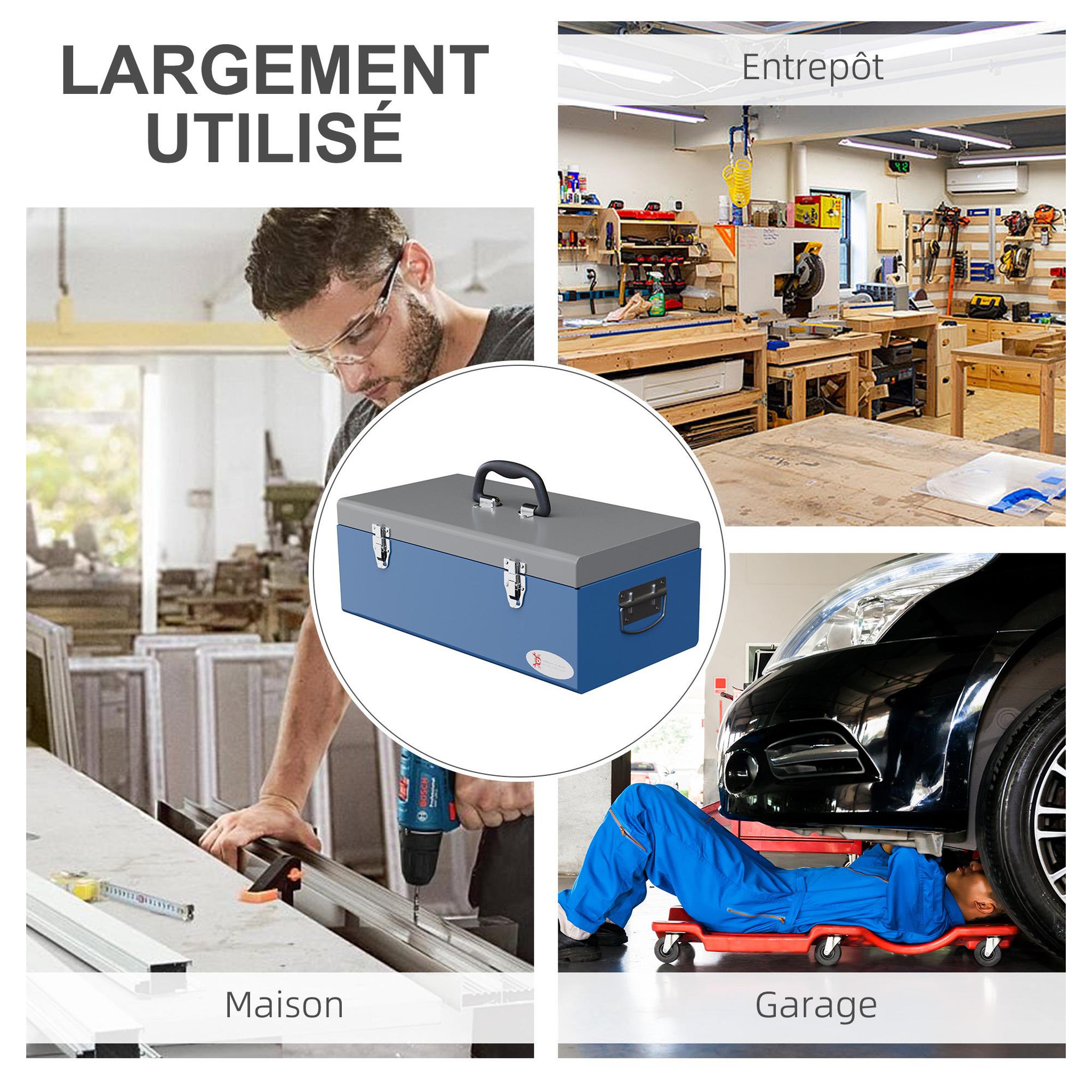 Voir la diapositive 6 : HOMCOM Boite à outils métallique - caisse à outils - verrouillable - tapis eva poignées tôle acier gris bleu