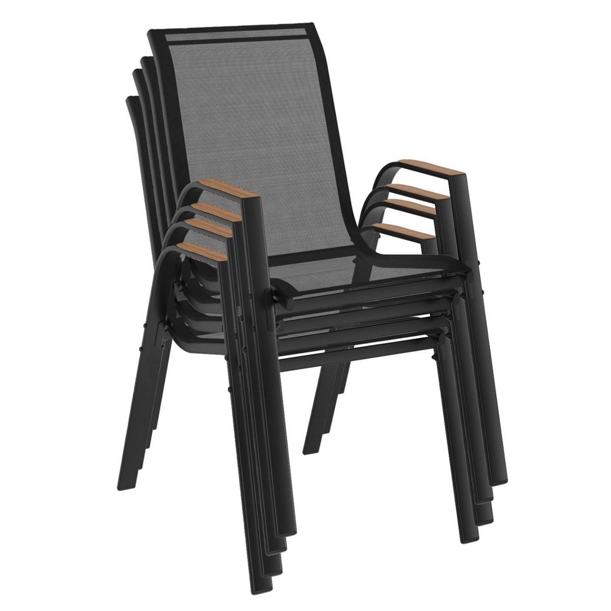 ID MARKET Lot de 4 chaises de jardin NOUMEA métal et textilène empilables noir et bois