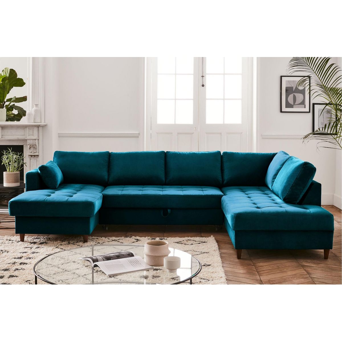 LISA DESIGN Anna - canapé panoramique d'angle droit - 7 places - convertible avec coffre - en velours