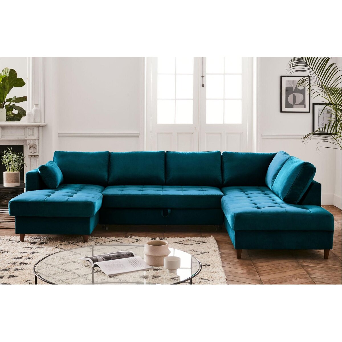 LISA DESIGN Anna - canapé panoramique d'angle droit - 7 places - convertible avec coffre - en velours