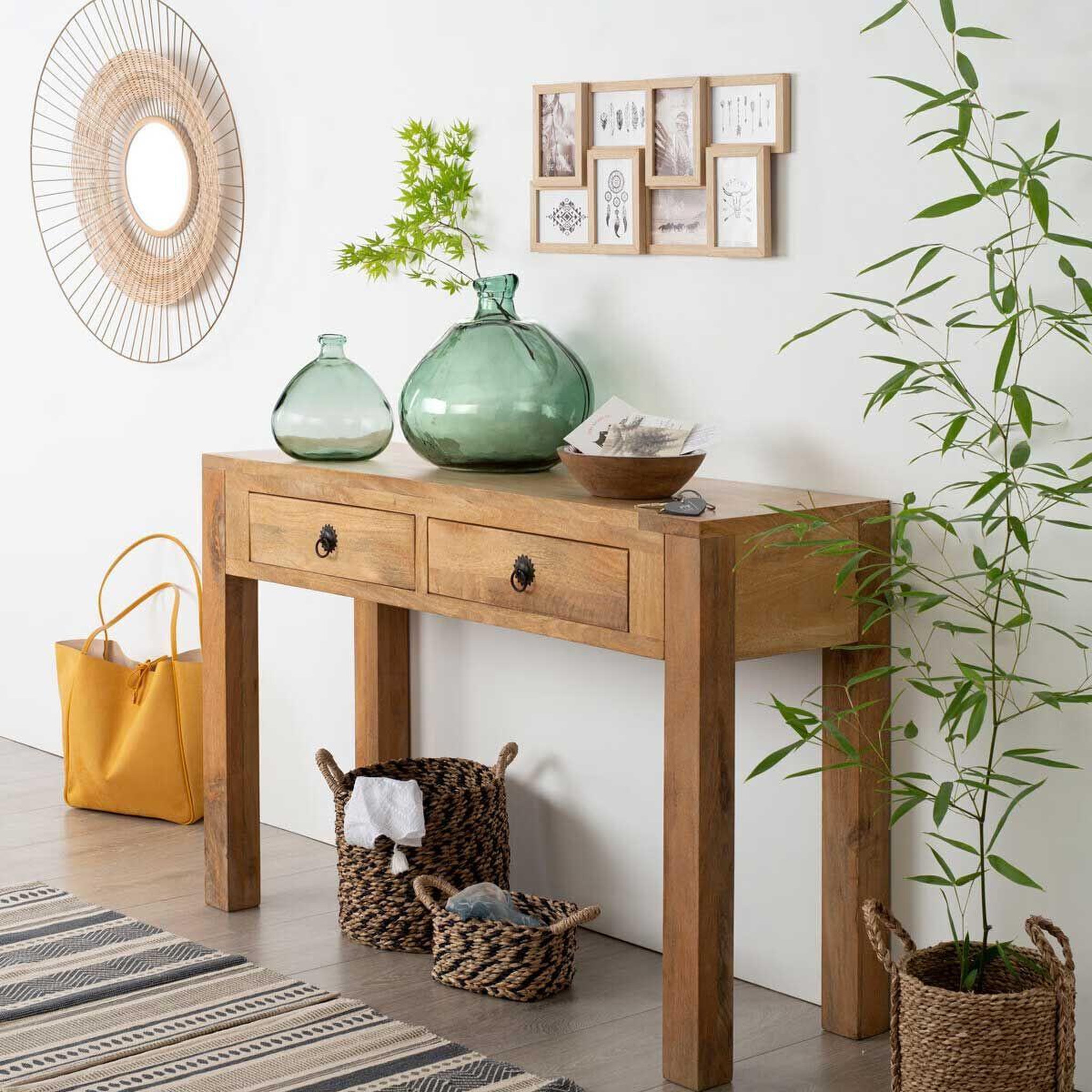 Voir la diapositive 6 : ATMOSPHERA Console en Bois 2 Tiroirs  Ajmal  120cm Naturel