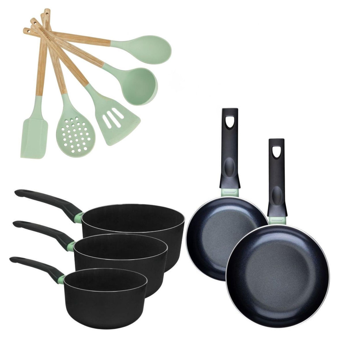 Fackelmann Lot 2 Poêles 16/20cm et 3 Casseroles 16/18/20cm Fackelmann Brandao avec 5 ustensiles Océan