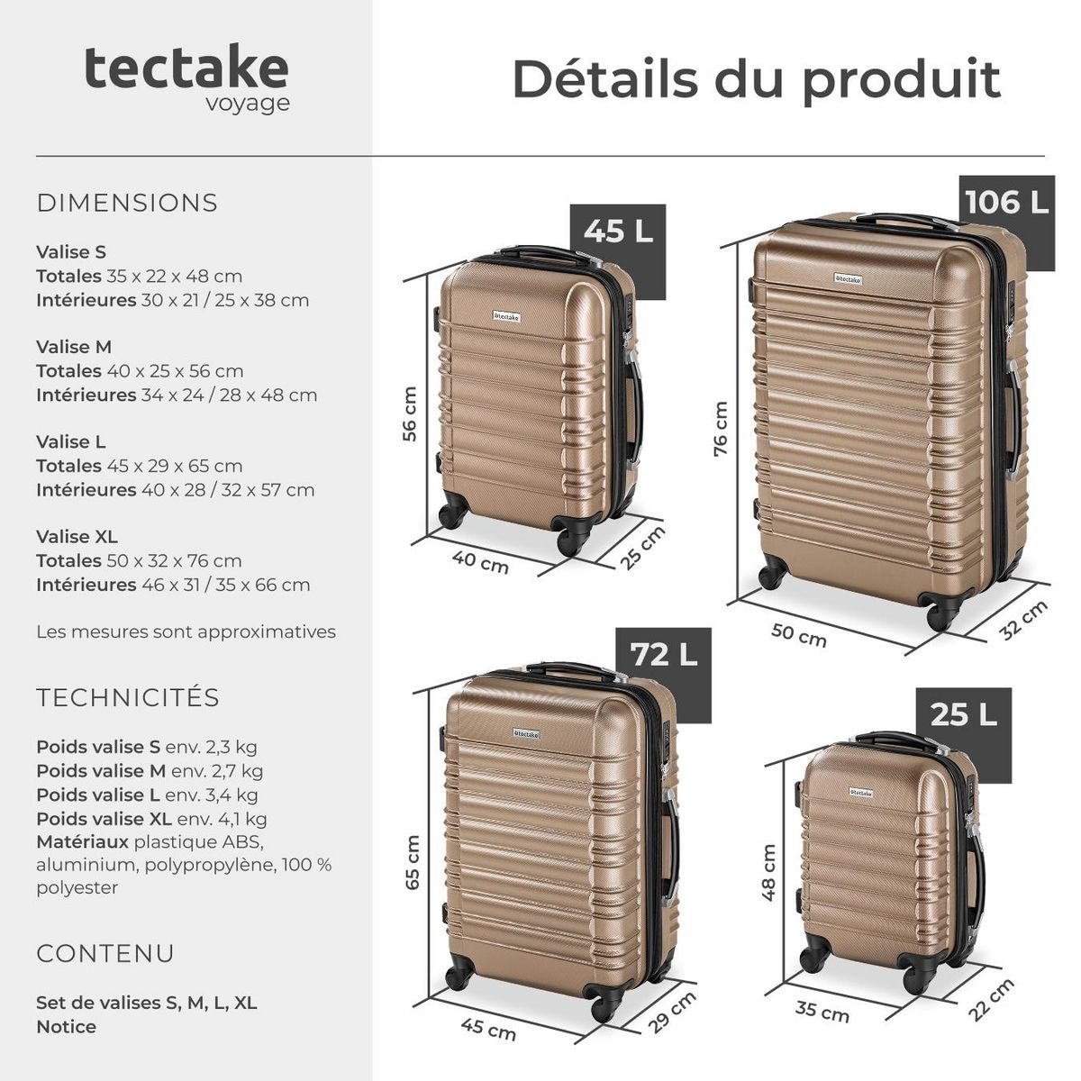 tectake Set de valises trolley rigides 4 parties, en plastique ABS robuste champagne