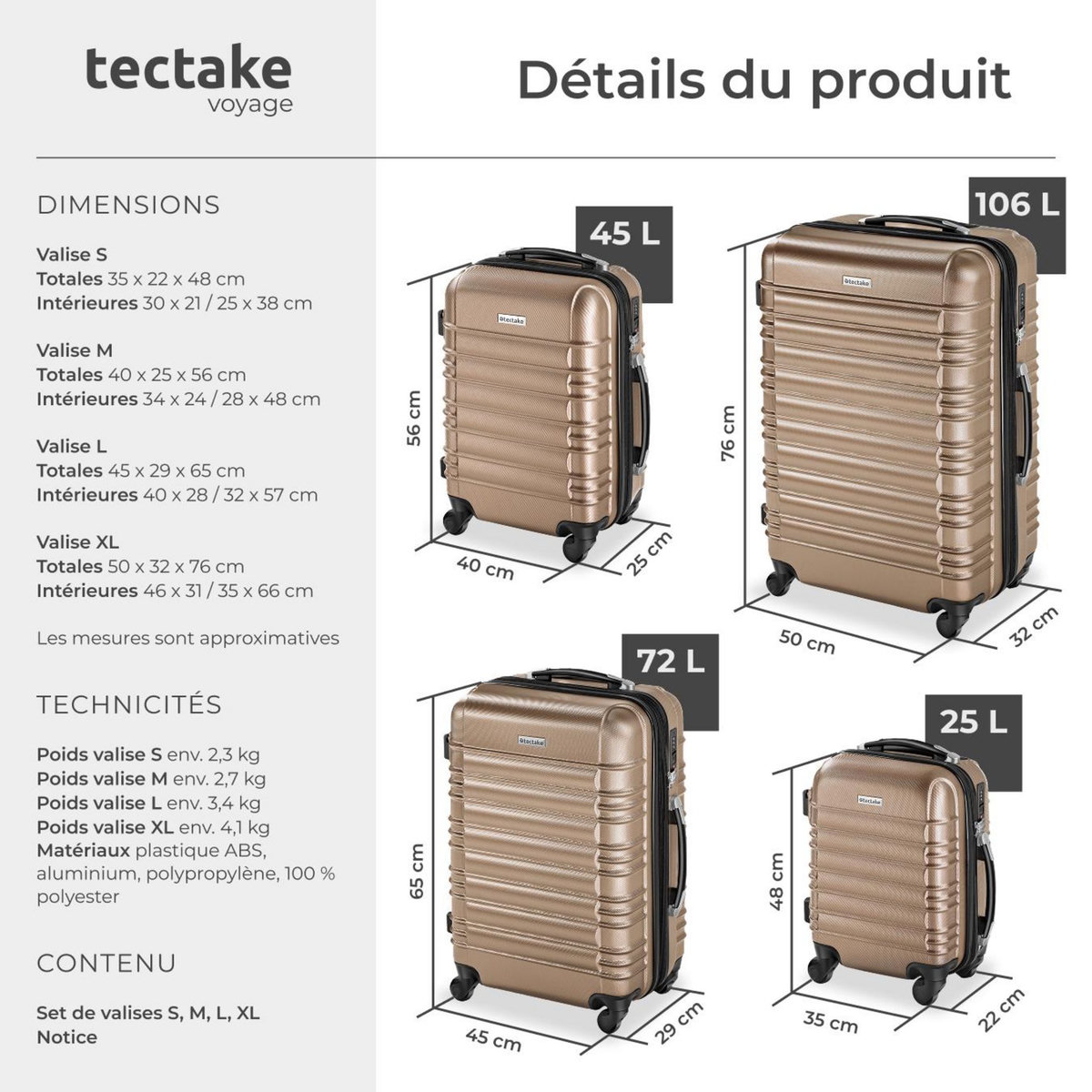 tectake Set de valises trolley rigides 4 parties, en plastique ABS robuste champagne