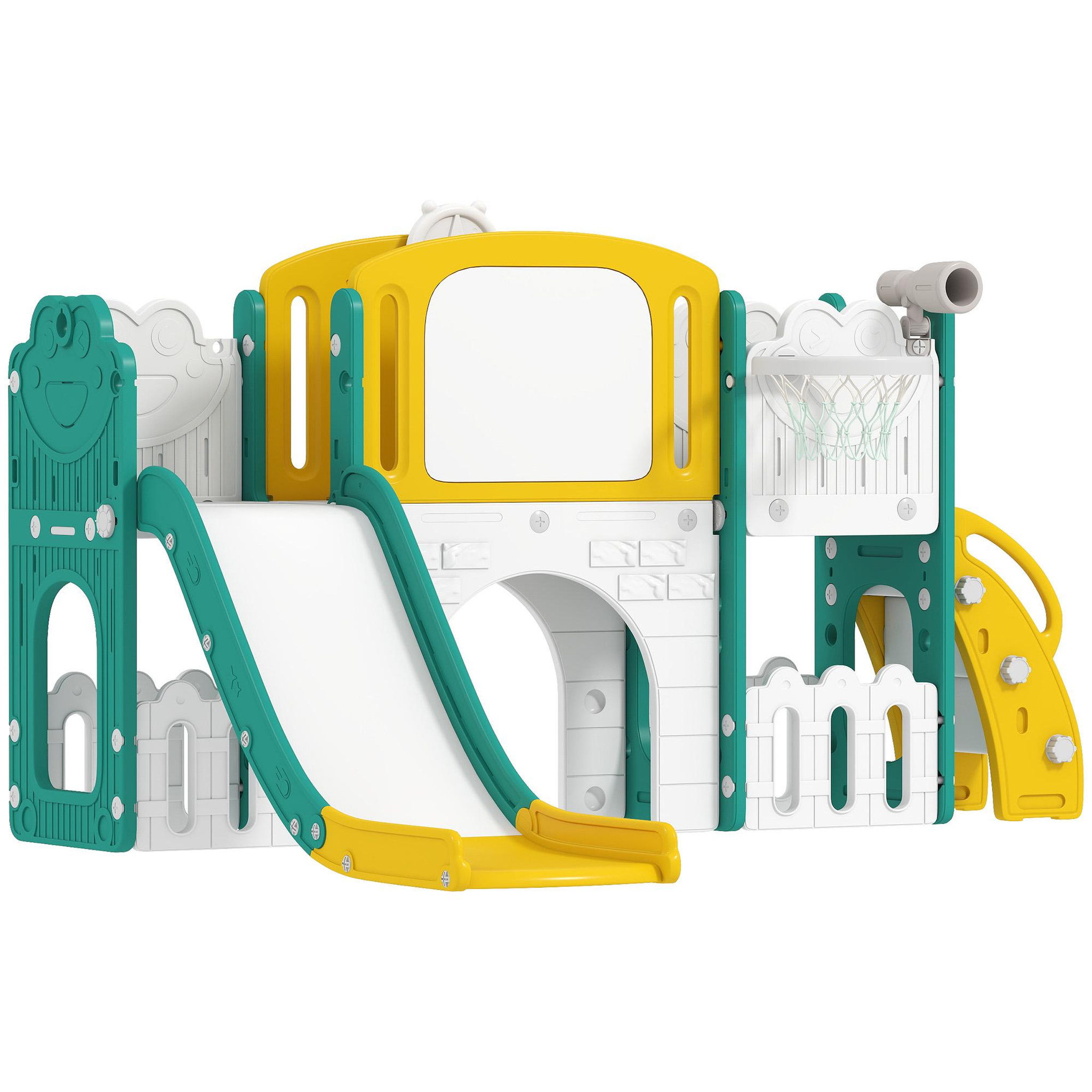 Voir la diapositive 5 : HOMCOM Portique aire de jeu enfant 7 en 1 HDPE blanc jaune vert