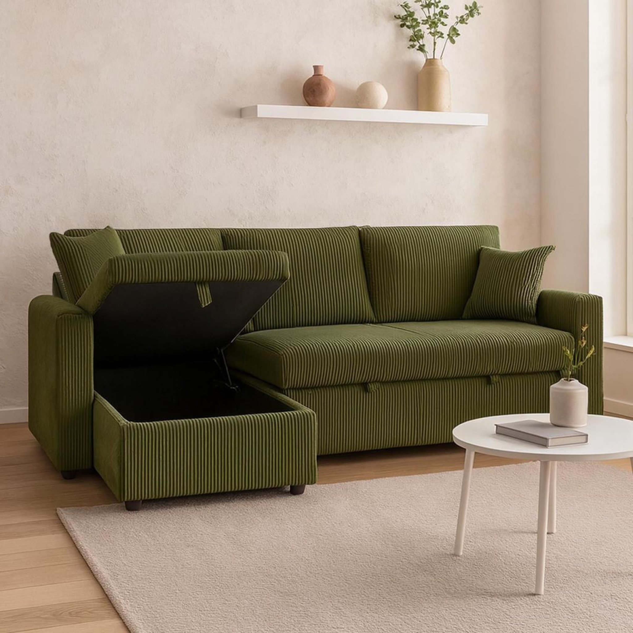 Voir la diapositive 6 : Paris Prix Canapé d'angle convertible  en velours côtelé  brooke  230cm vert