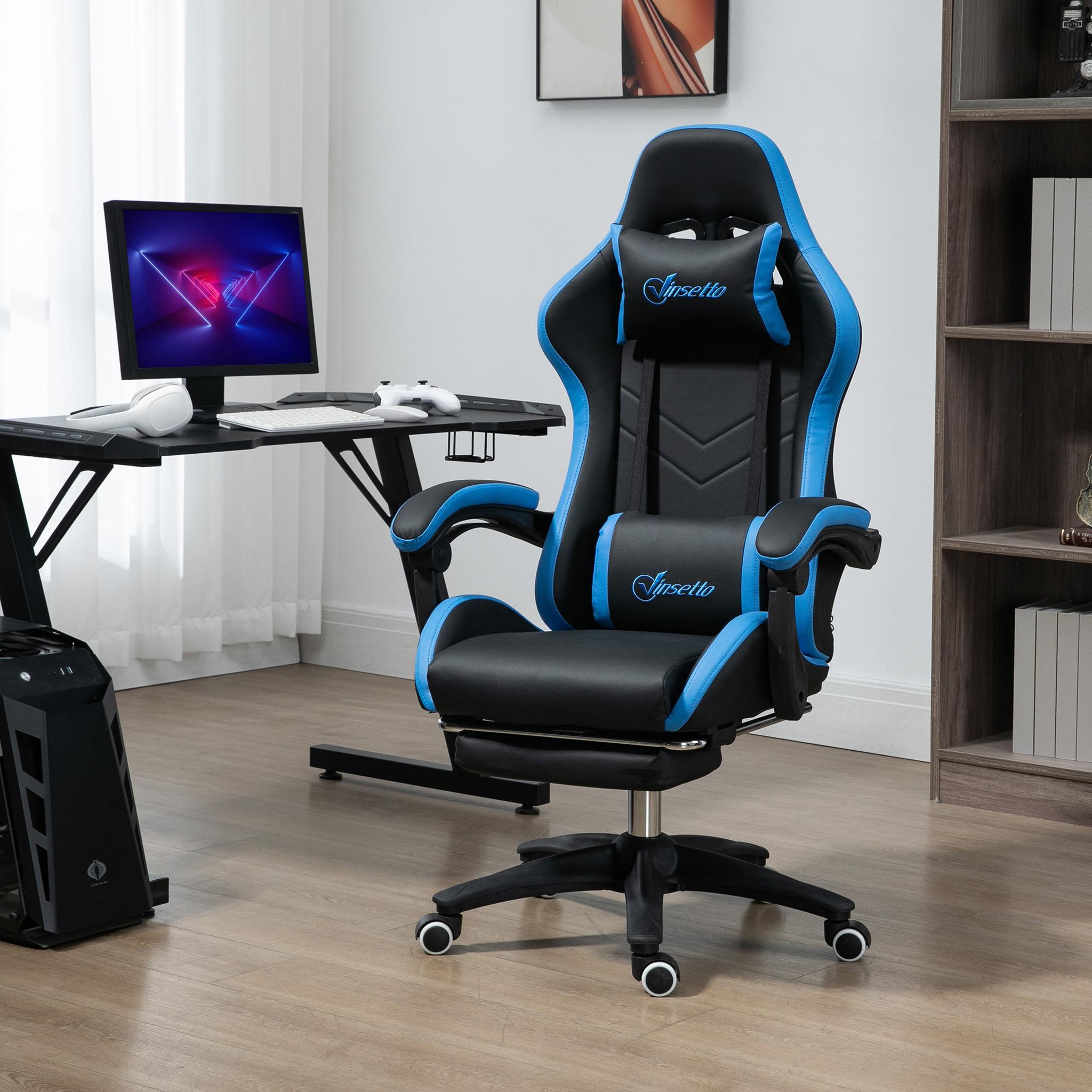 Voir la diapositive 4 : VINSETTO Chaise gaming - chaise de bureau gamer inclinable réglable repose-pieds rétractable coussins synthétique noir bleu