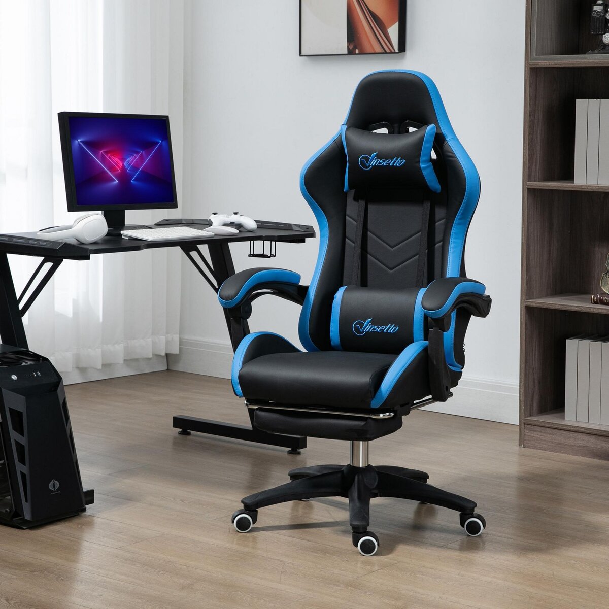 VINSETTO Chaise gaming - chaise de bureau gamer inclinable réglable repose-pieds rétractable coussins synthétique noir bleu