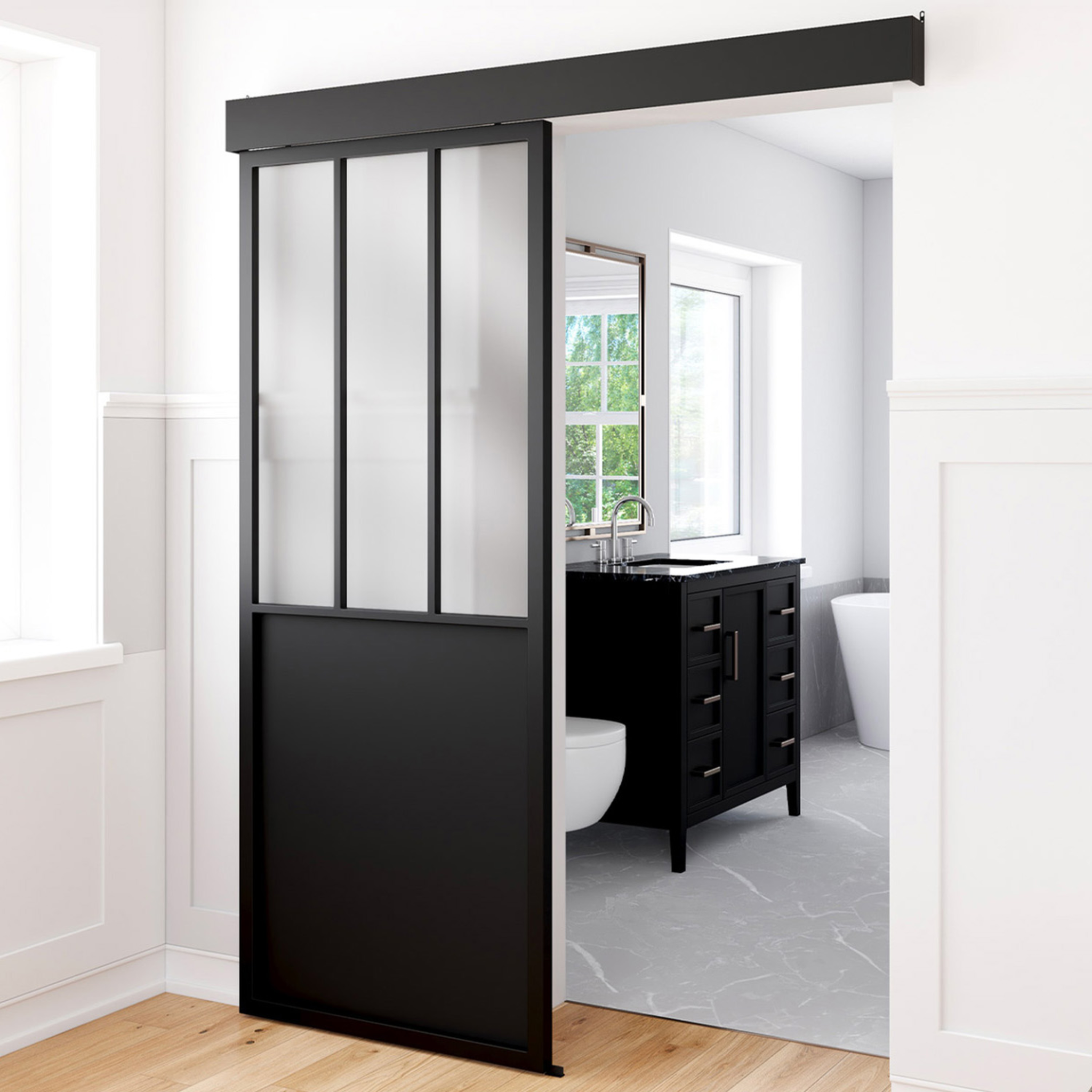 Voir la diapositive 4 : ID MARKET Kit porte coulissante verrière 83 cm en métal + mdf avec rail et fixations