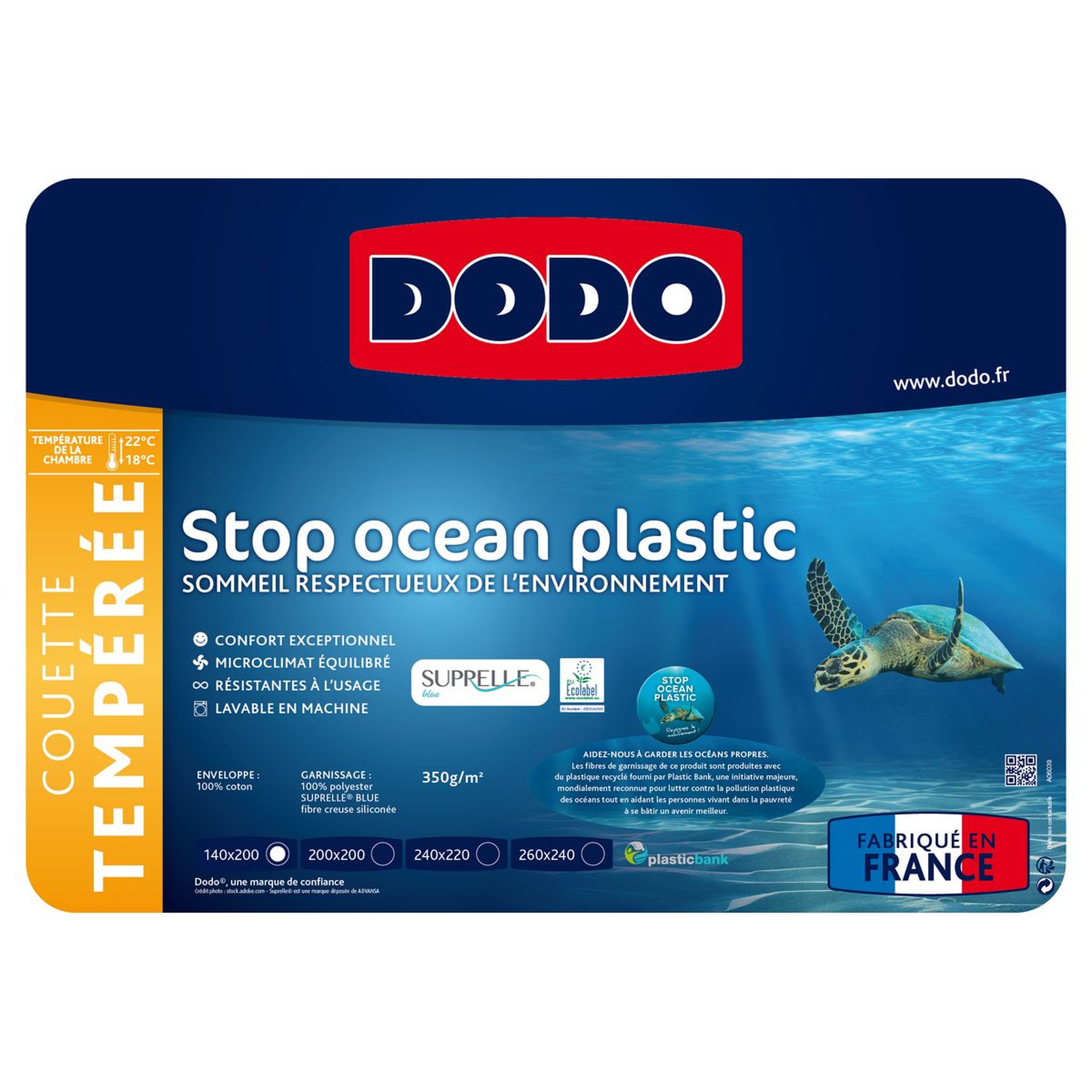 Voir la diapositive 2 : DODO Couette tempérée confort exceptionnel 350 g/m²  SUPRELLE BLUE