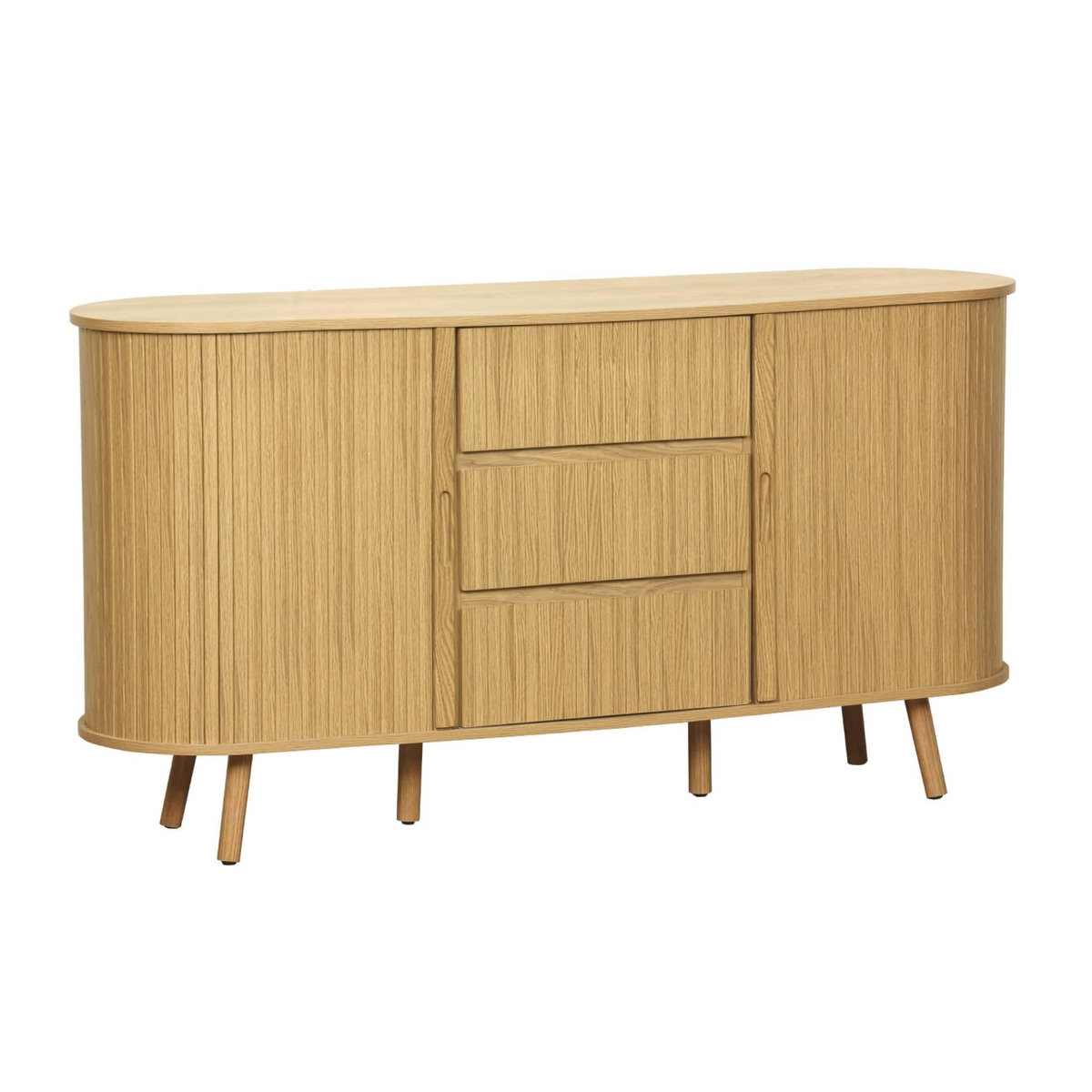 SWEEEK Buffet scandinave ovale 2 portes coulissantes. 4 compartiments. 3 tiroirs. effet bois rainuré. teinte naturelle. L 150 x P 40 x H 79cm