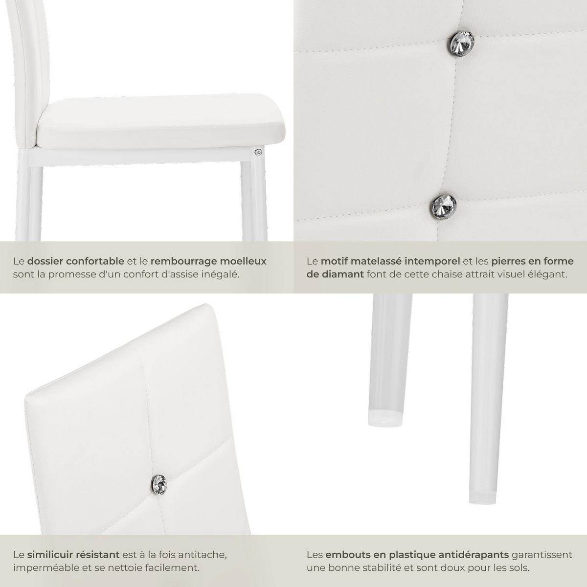 tectake Ensemble de chaises de salle à manger rembourré avec revêtement aspect cuir blanc Lot de 4