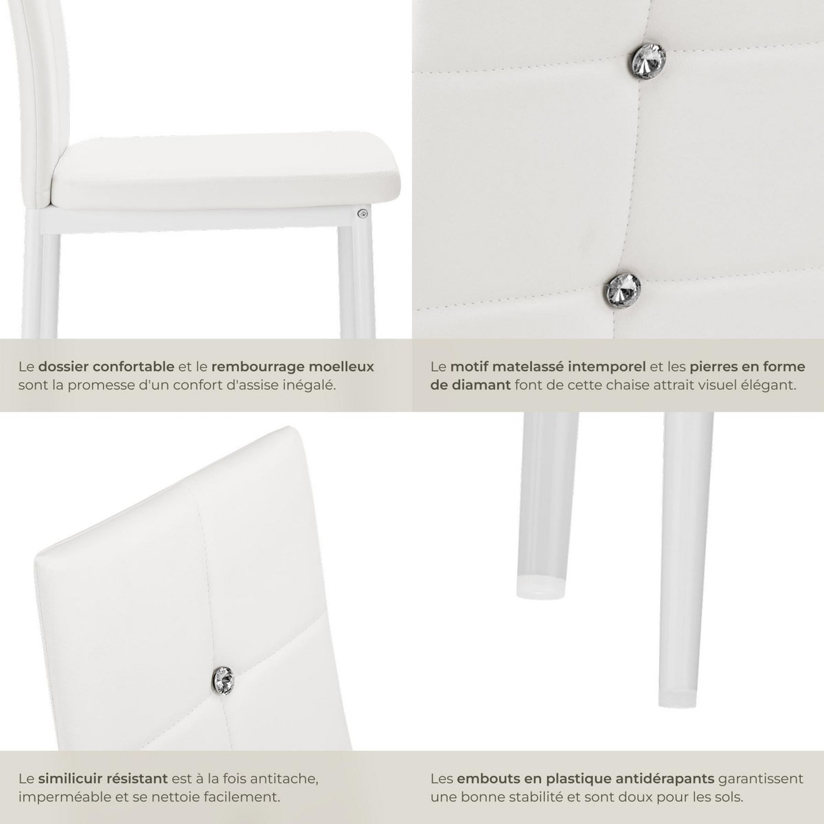 tectake Ensemble de chaises de salle à manger rembourré avec revêtement aspect cuir blanc Lot de 4