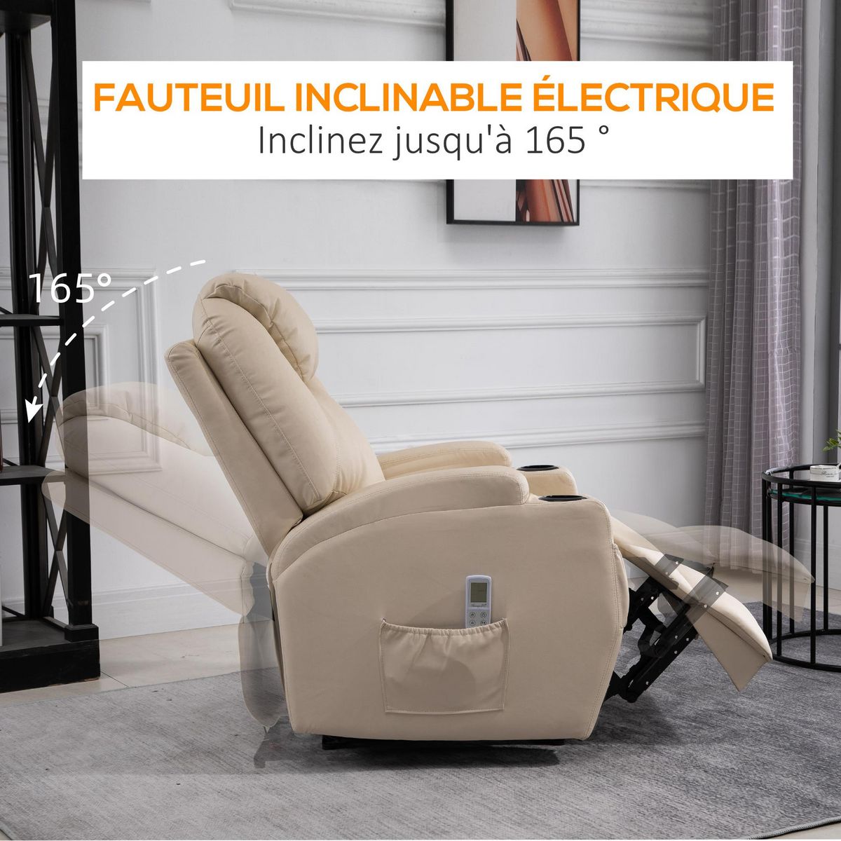 HOMCOM Fauteuil luxe de relaxation et massage inclinaison dossier repose-pied électrique revêtement synthétique crème