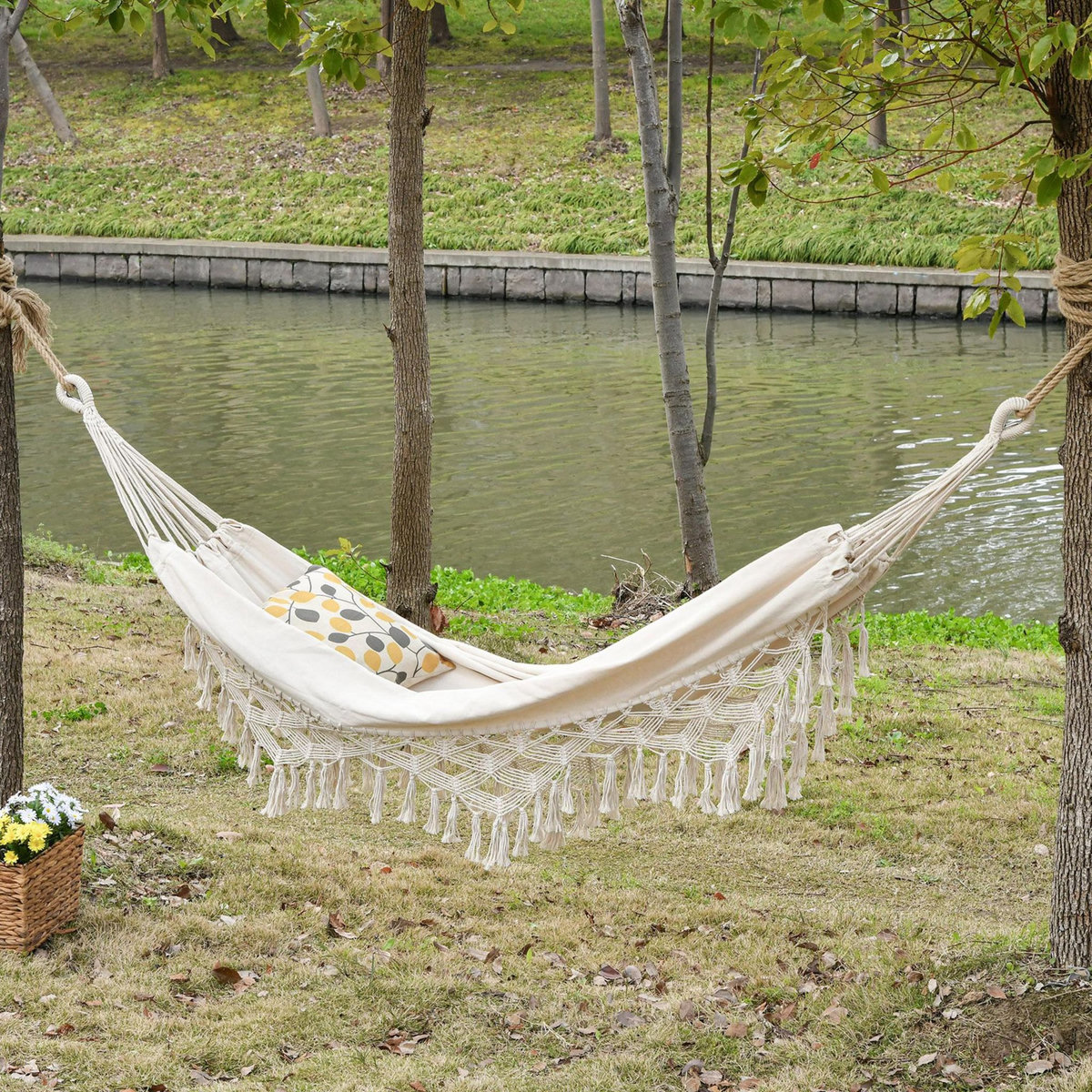 OUTSUNNY Hamac de voyage portable style bohème chic toile de hamac dim. totales 2,88L x 1,5l m coton polyester beige