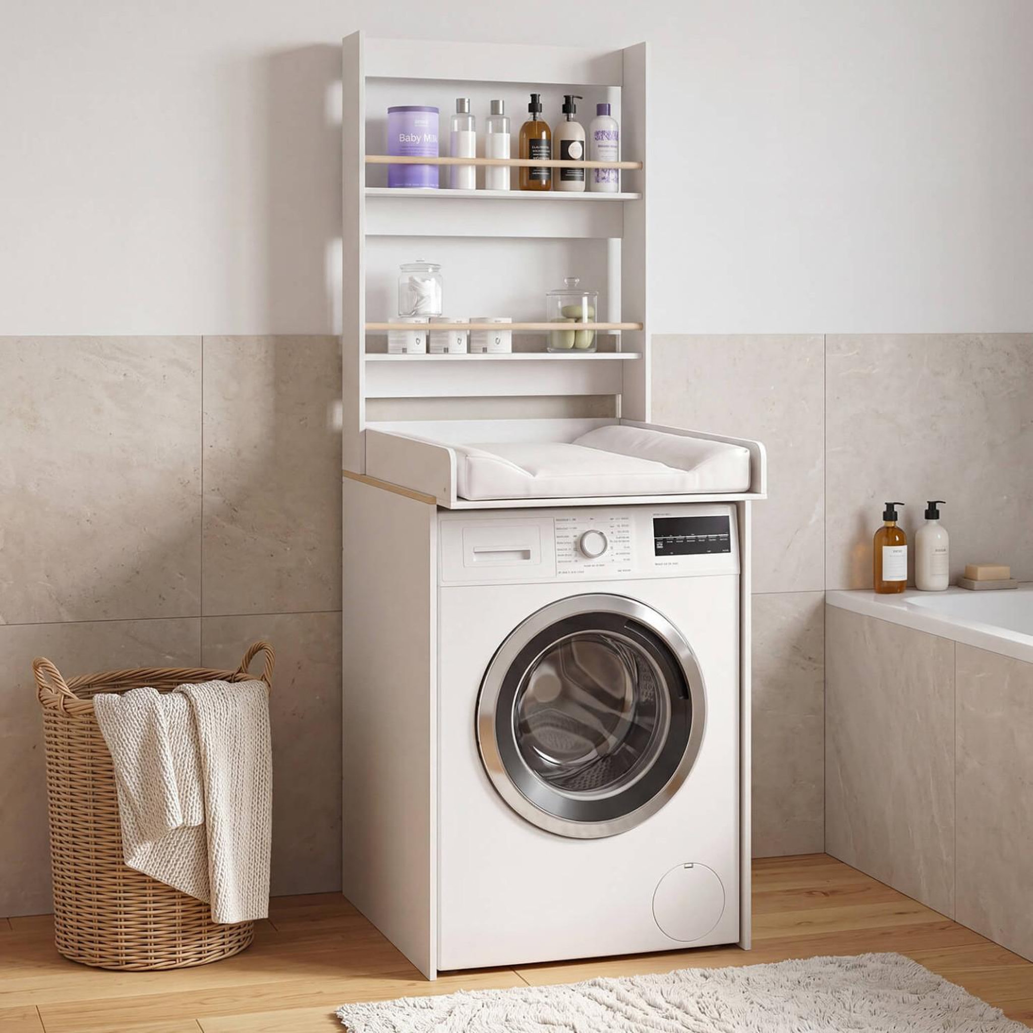 Voir la diapositive 2 : ID MARKET Table à langer évolutive AMBRE dessus machine à laver façon hêtre et blanc 2 étagères et plan à langer amovible
