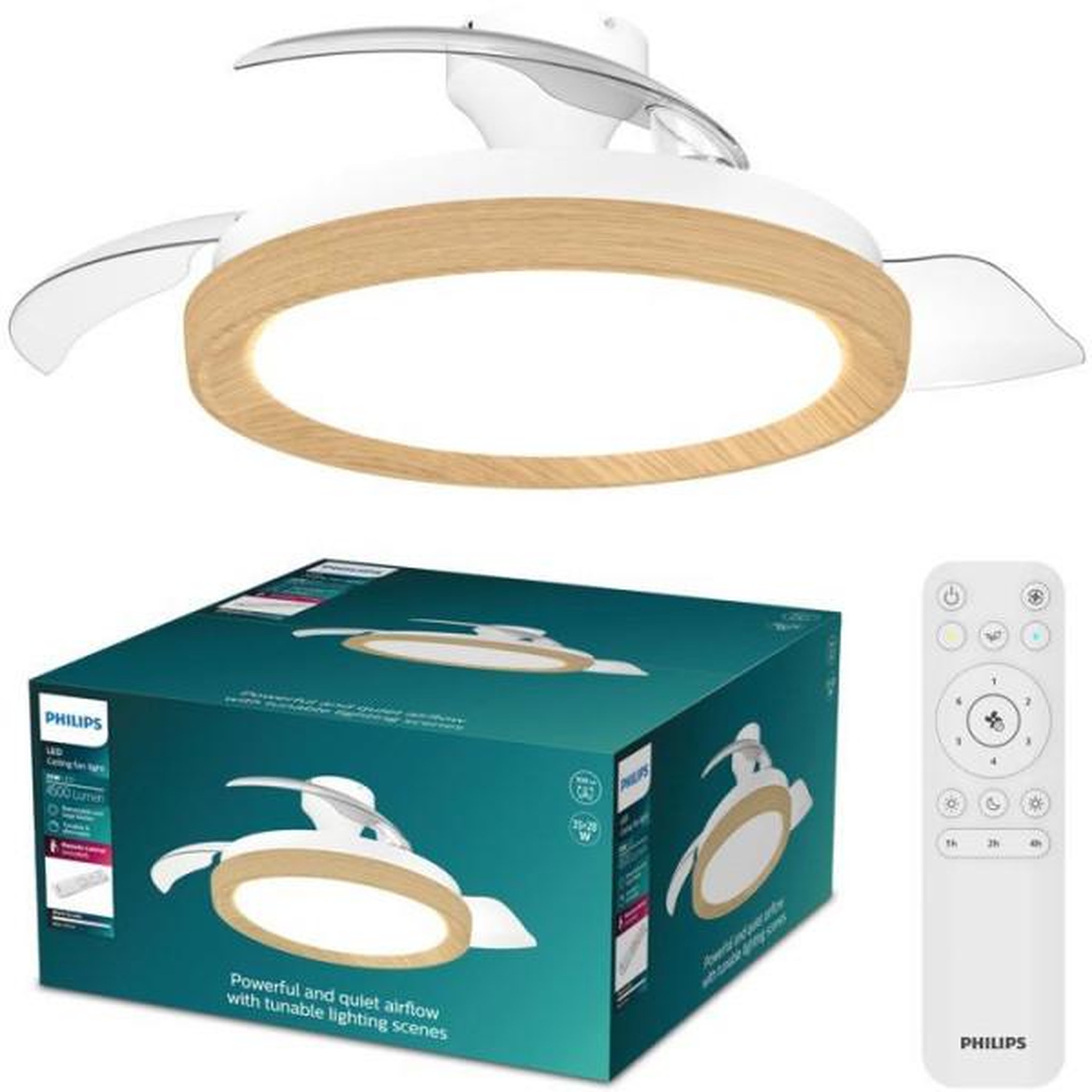 Philips Ventilateur de plafond - plafonnier  - philips - bliss - pales rétractables - diametre 106 cm -bois - led intégrée + télécommande