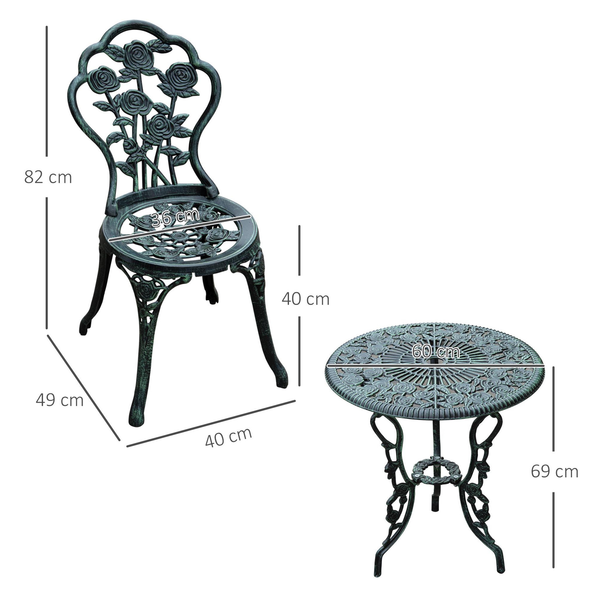 Voir la diapositive 3 : OUTSUNNY Ensemble salon de jardin 2 places 2 chaises + table ronde style néo-rétro motif rose lignes fuselées fonte d'aluminium vert vieilli