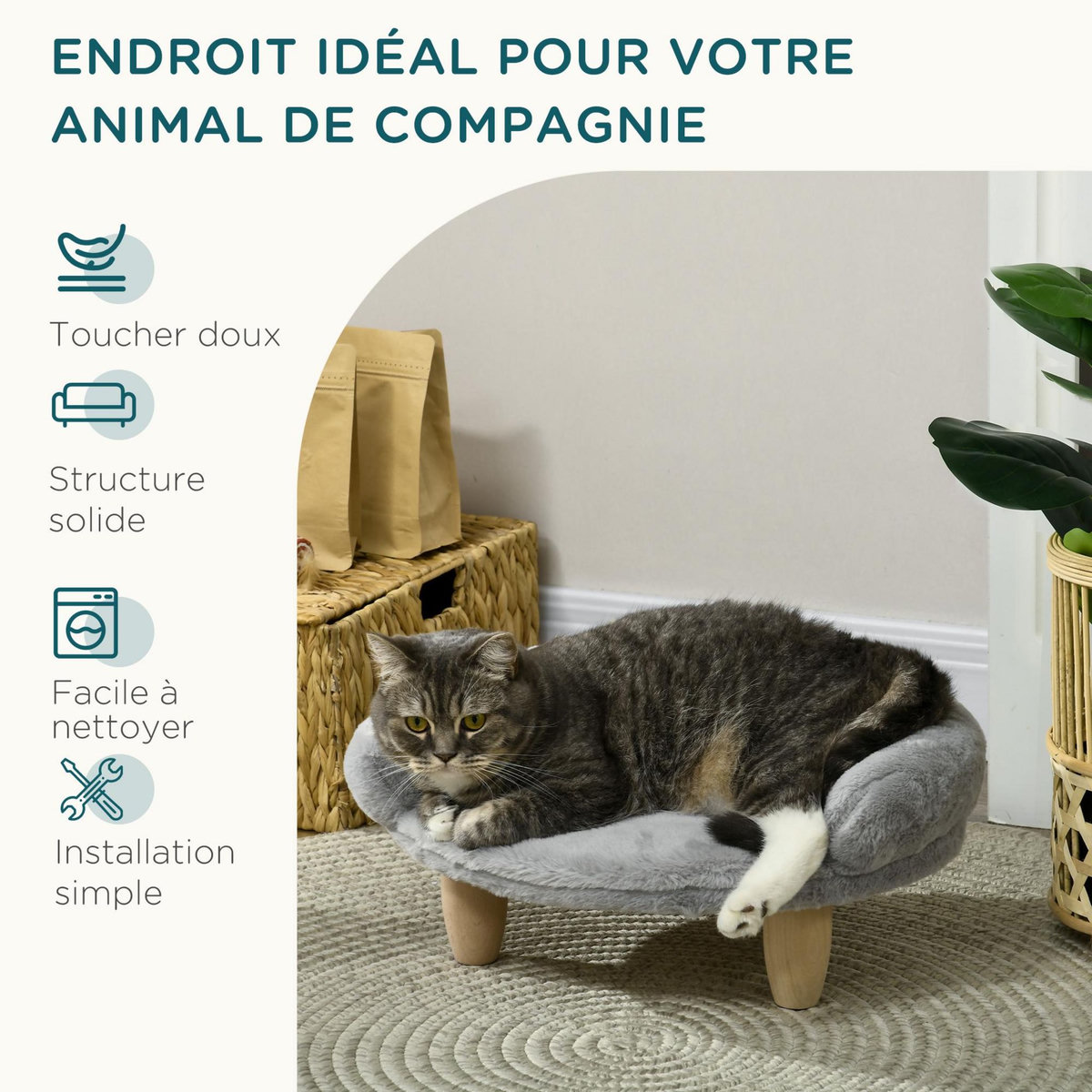 PAWHUT Canapé panier chien ou chat design scandinave housse amovible pieds en bois peluche douce gris