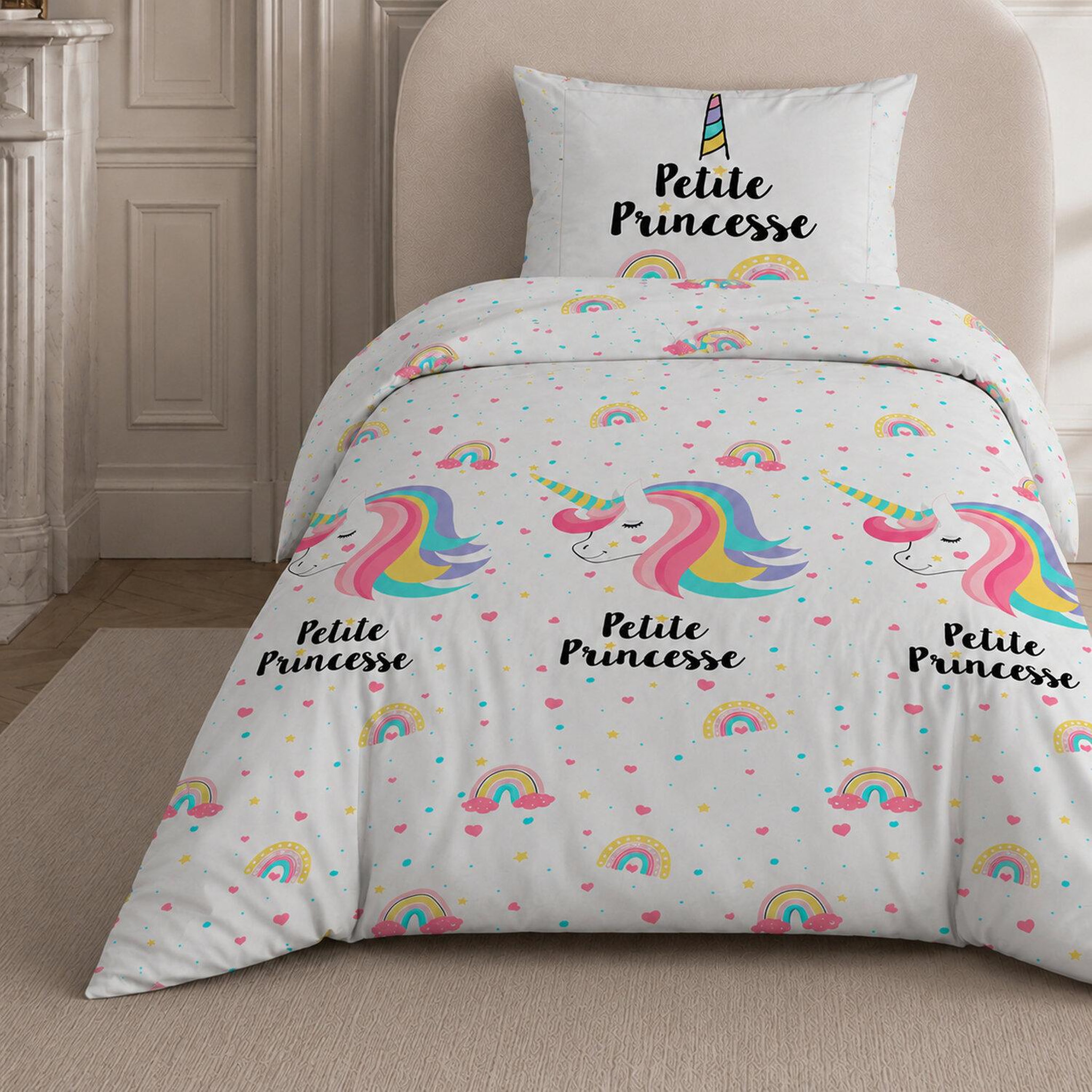 Voir la diapositive 3 : Home collection Parure de lit enfant 100% coton - licorne - 140x200 cm