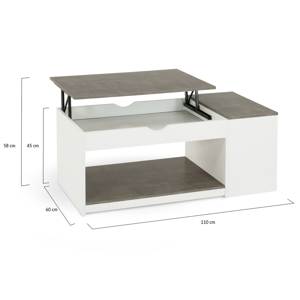ID MARKET Table basse plateau relevable rectangulaire ELEA avec coffre bois blanc et effet béton