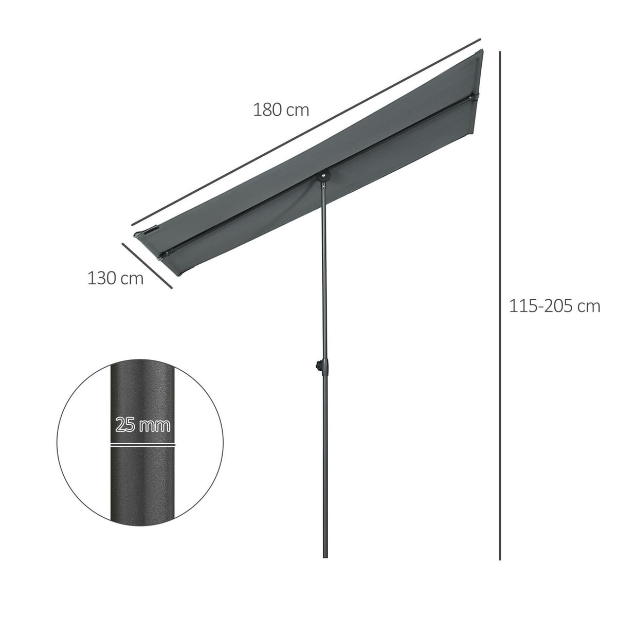 OUTSUNNY Parasol de jardin inclinable toile plate hauteur réglable dim. 180L x 130l x 115-205H cm métal époxy polyester anti-UV gris