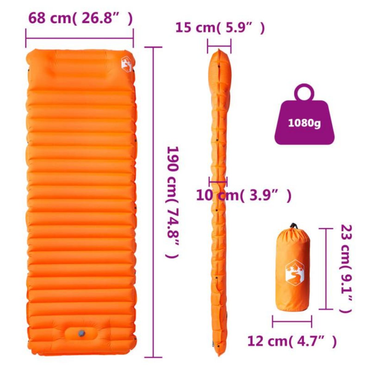 VIDAXL Matelas de camping autogonflant avec oreiller 1 personne orange