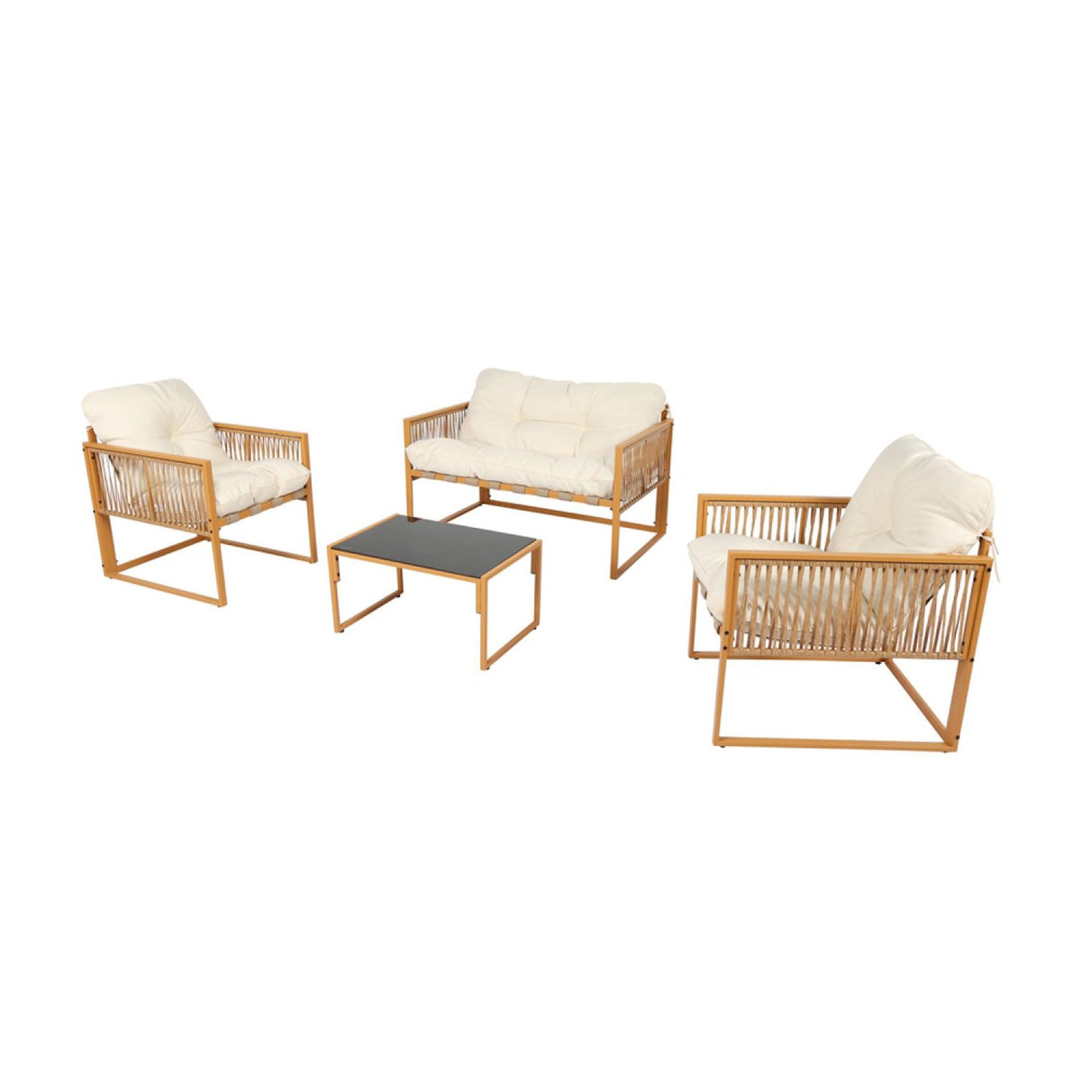 CONCEPT USINE Salon de jardin 4 places effet rotin coussins blancs TURINI