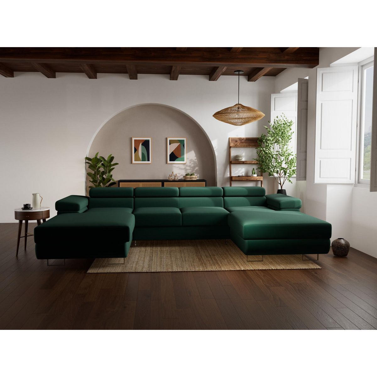 BEST MOBILIER Pablo - canapé panoramique en u - 7 places - convertible avec coffres et têtières réglables - en velours