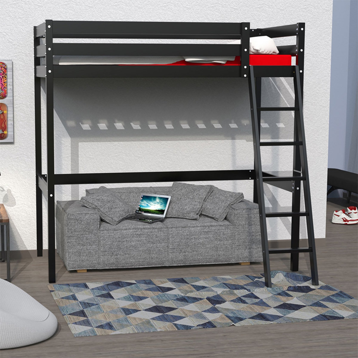 Lit Mezzanine 90 x 190 cm bois massif + sommier CITY