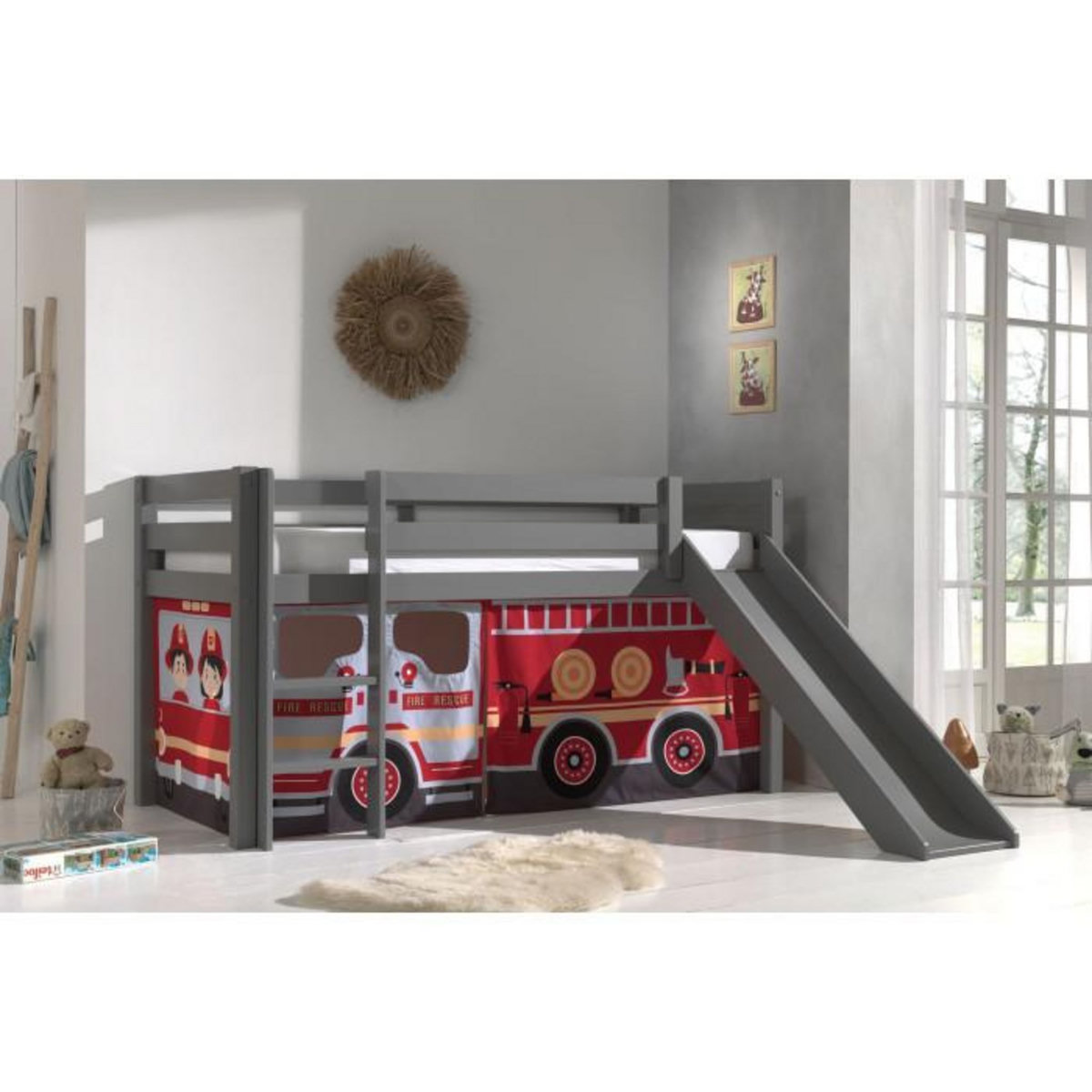 Paris Prix Lit Enfant Surélevé Avec Toboggan  Pino Fire Truck  90x200cm Gris
