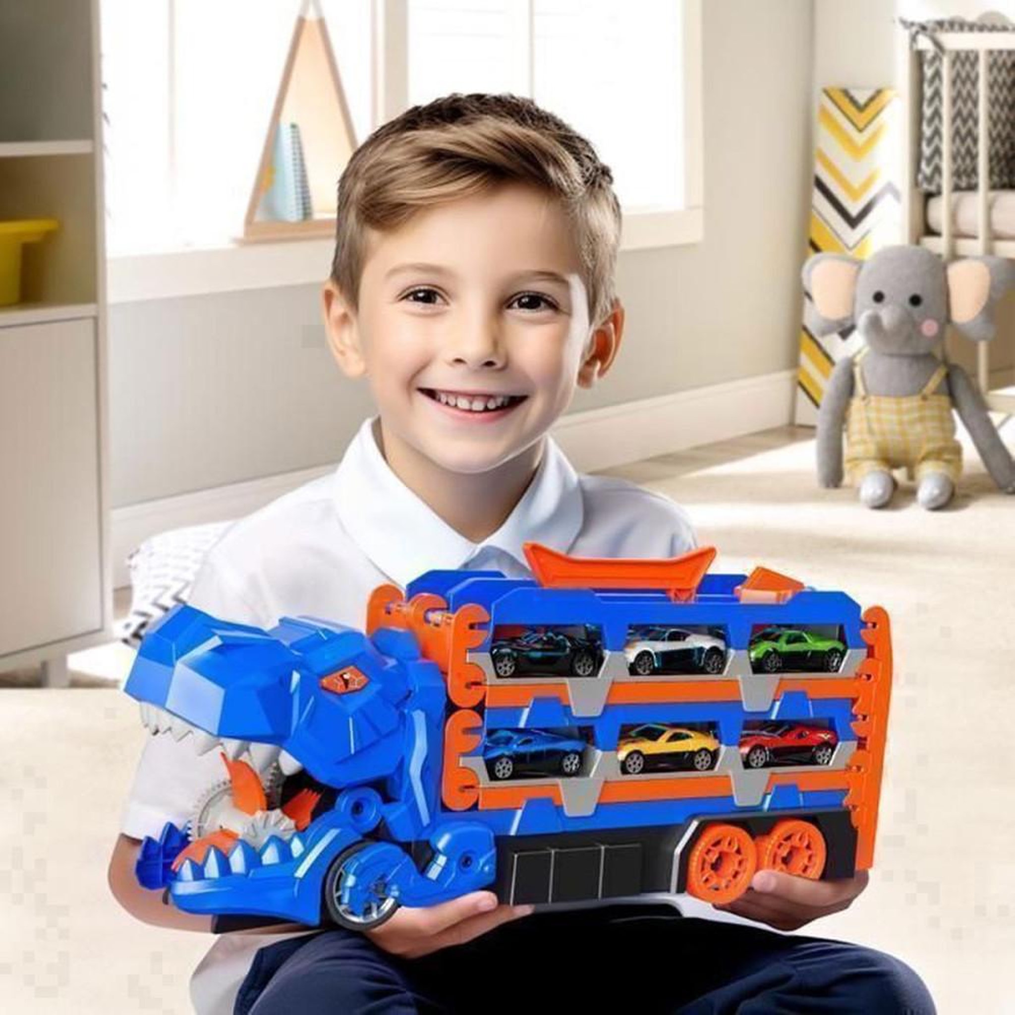 Voir la diapositive 6 : Camion dinosaure piste et catapulte avec 3 niveaux de transport et 12 mini voitures en ABS