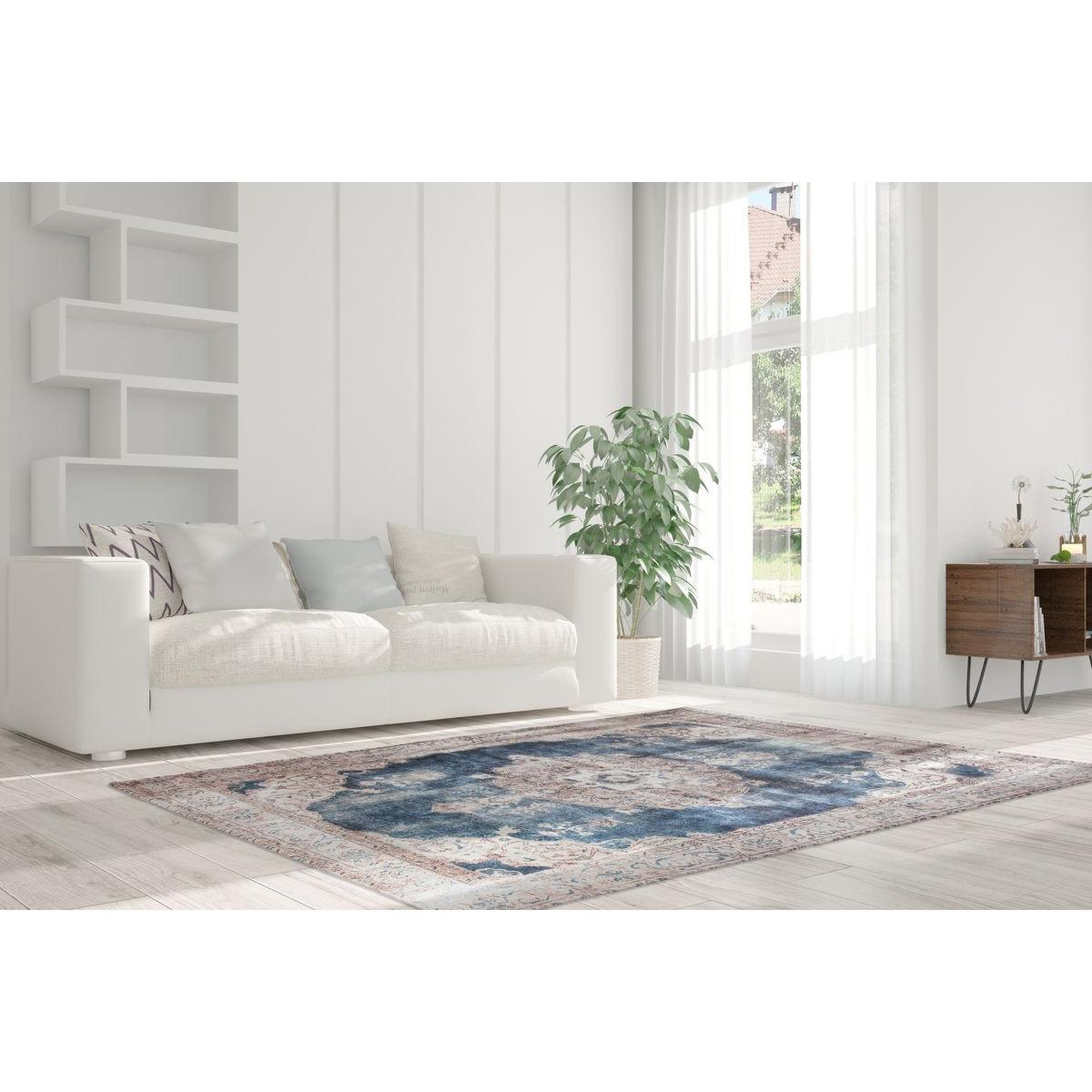 Voir la diapositive 2 : Paris Prix Tapis Imprimé Antique  Vintage  Beige & Bleu