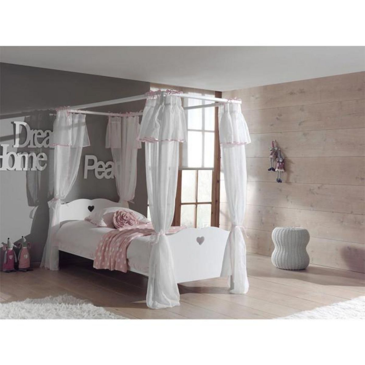 Paris Prix Pack - Lit à Baldaquin Enfant, Sommier & Voile  Amori  90x200cm Blanc